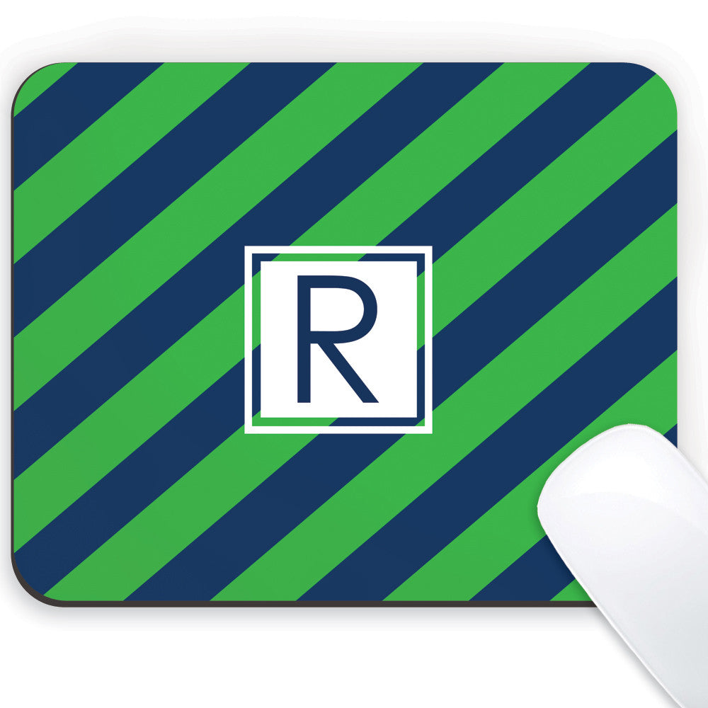 Green and navy diagonal stripes with navy initial mousepad