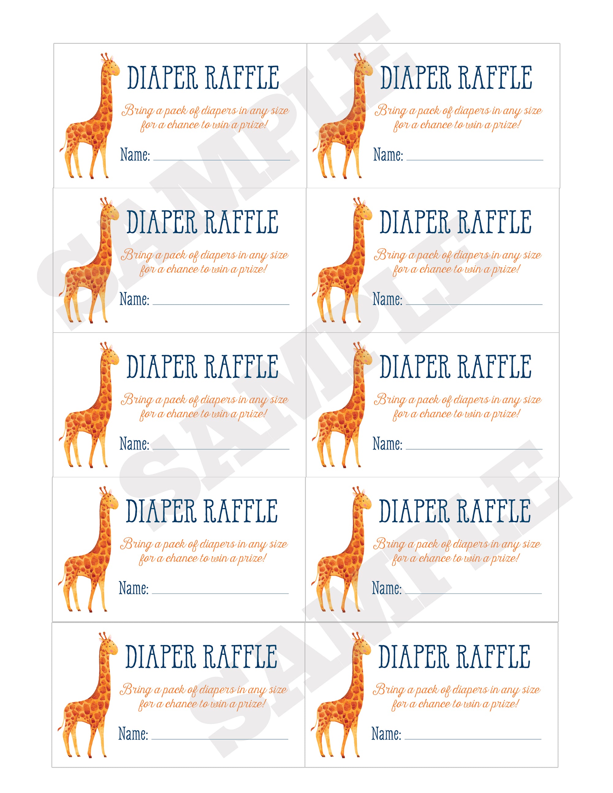 Giraffe Baby Diaper Raffle Card, Printable, Blue