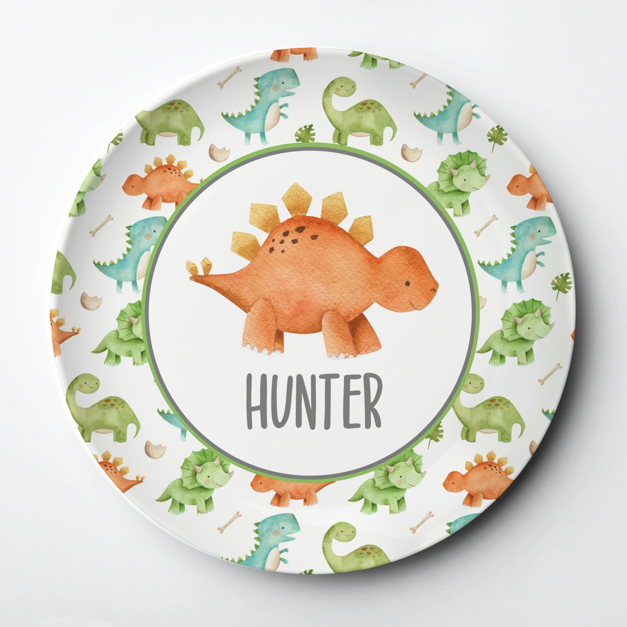 Dinosaur personalized kid plate Stegosaurus - 10" diameter, made from ThermoSāf® · Microwave, oven and dishwasher safe (any rack) · BPA, melamine and formaldehyde free · FDA food safe & made in the USA, Pipsy.com