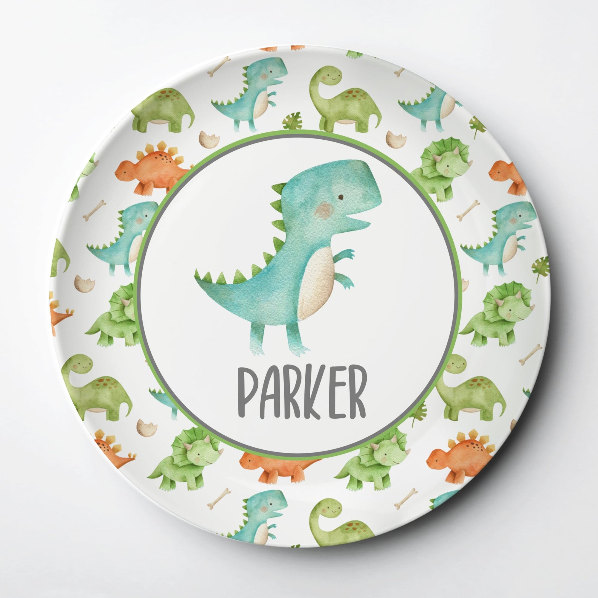 Dinosaur personalized kid plate - 10" diameter, made from ThermoSāf® · Microwave, oven and dishwasher safe (any rack) · BPA, melamine and formaldehyde free · FDA food safe & made in the USA, Pipsy.com