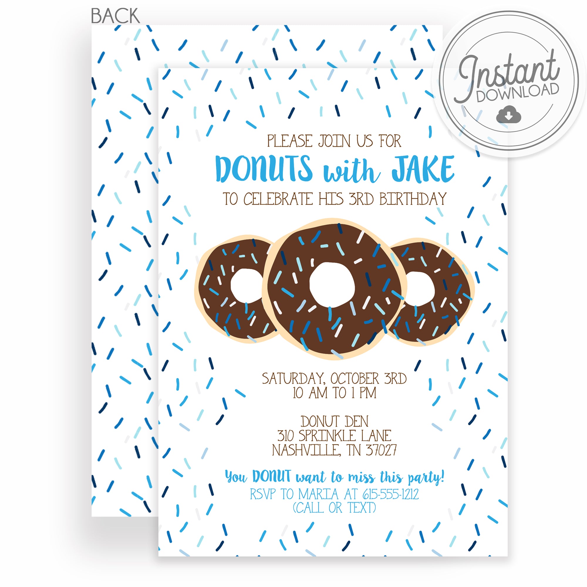 Donut Birthday Invitations, Blue Sprinkle Chocolate Donut, Instant Download DIY Templett, PIPSY.COM