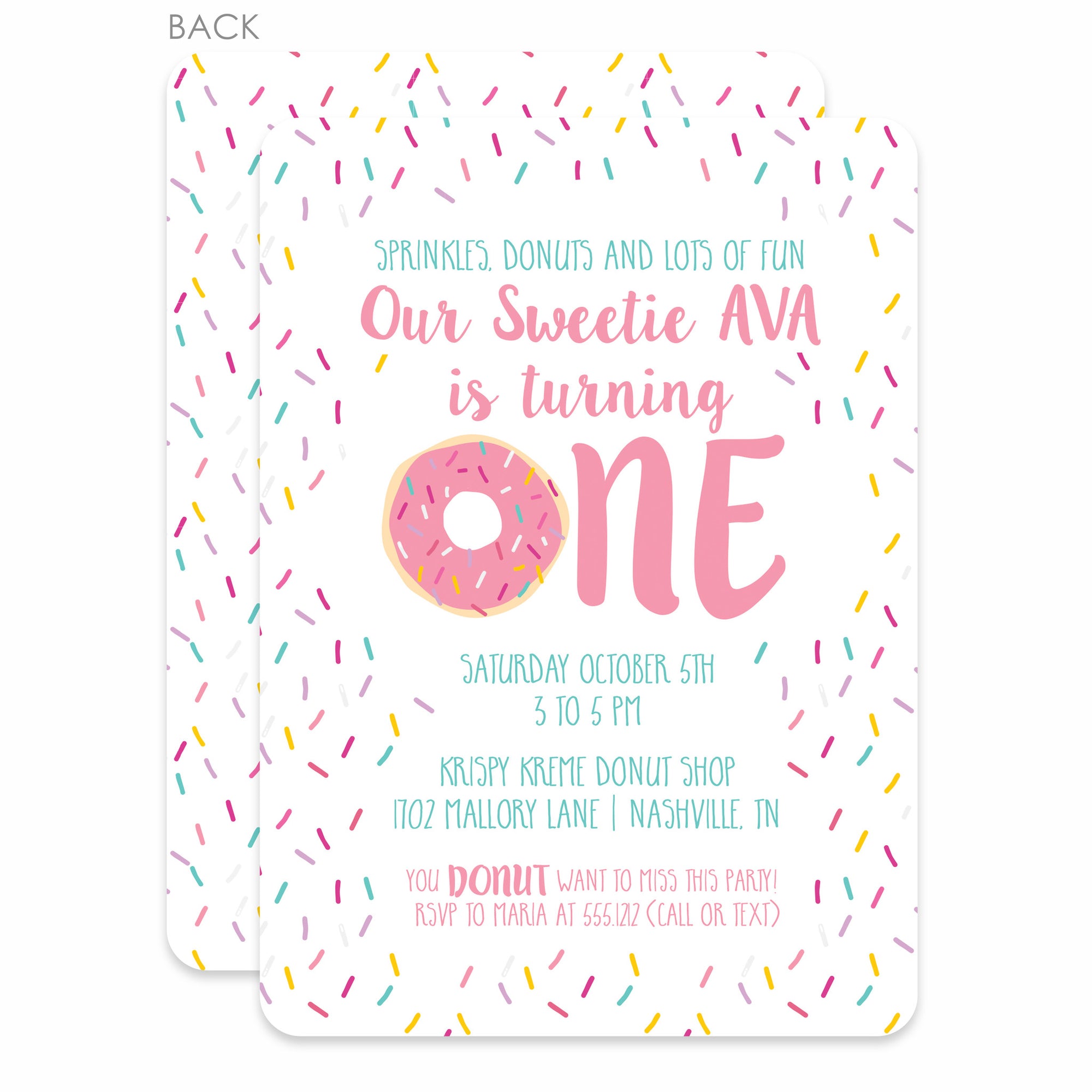 Donut Party First Birthday Invitations, printed on heavy weight thick cardstock, pink sprinkles