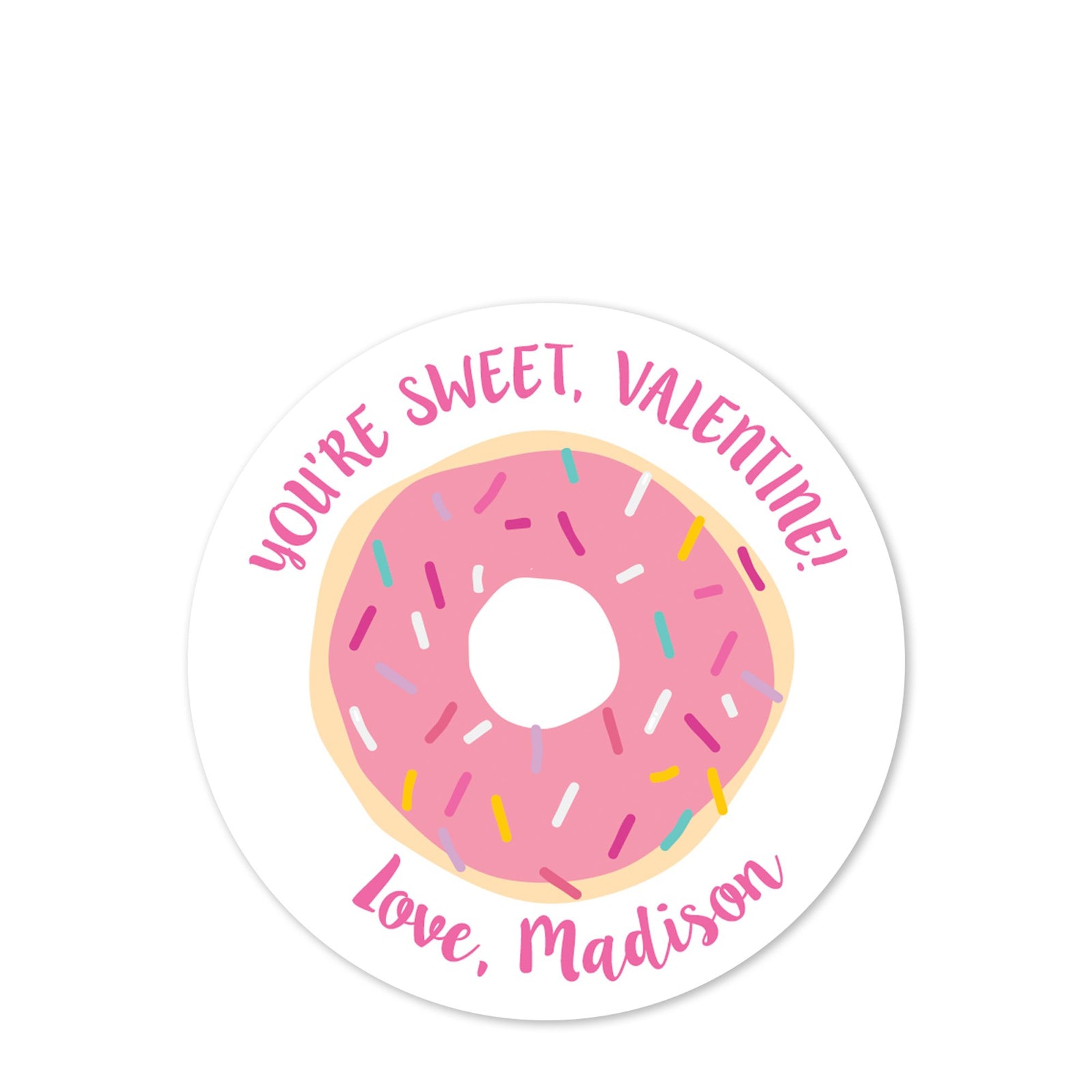 Donut | Pink Icing | You're Sweet 2.5" Round Valentine's Day Sticker for candy bag | Classroom Party | Personalized stickers | PIPSY.COM