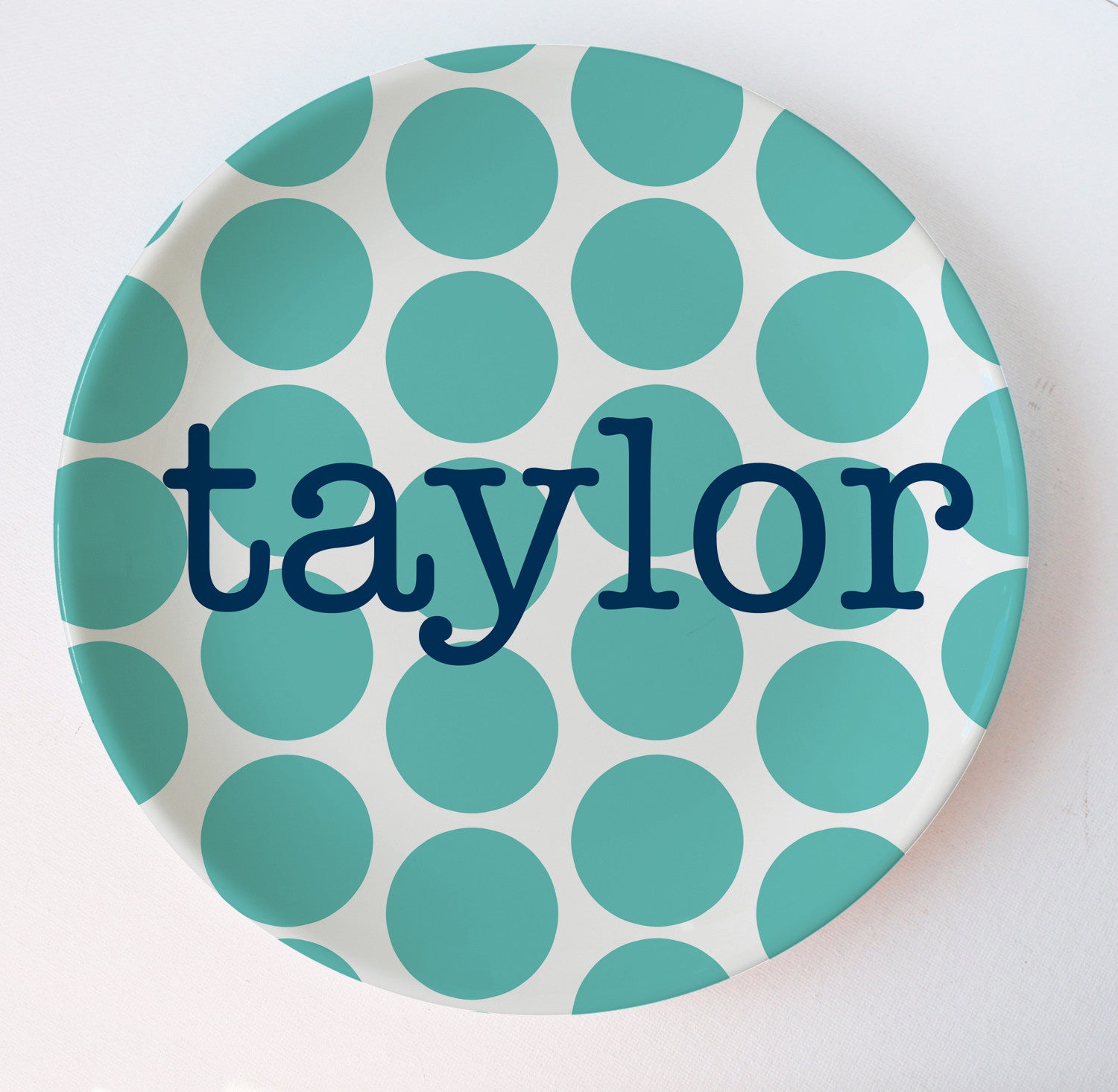 big dots melamine plate in aqua with navy name