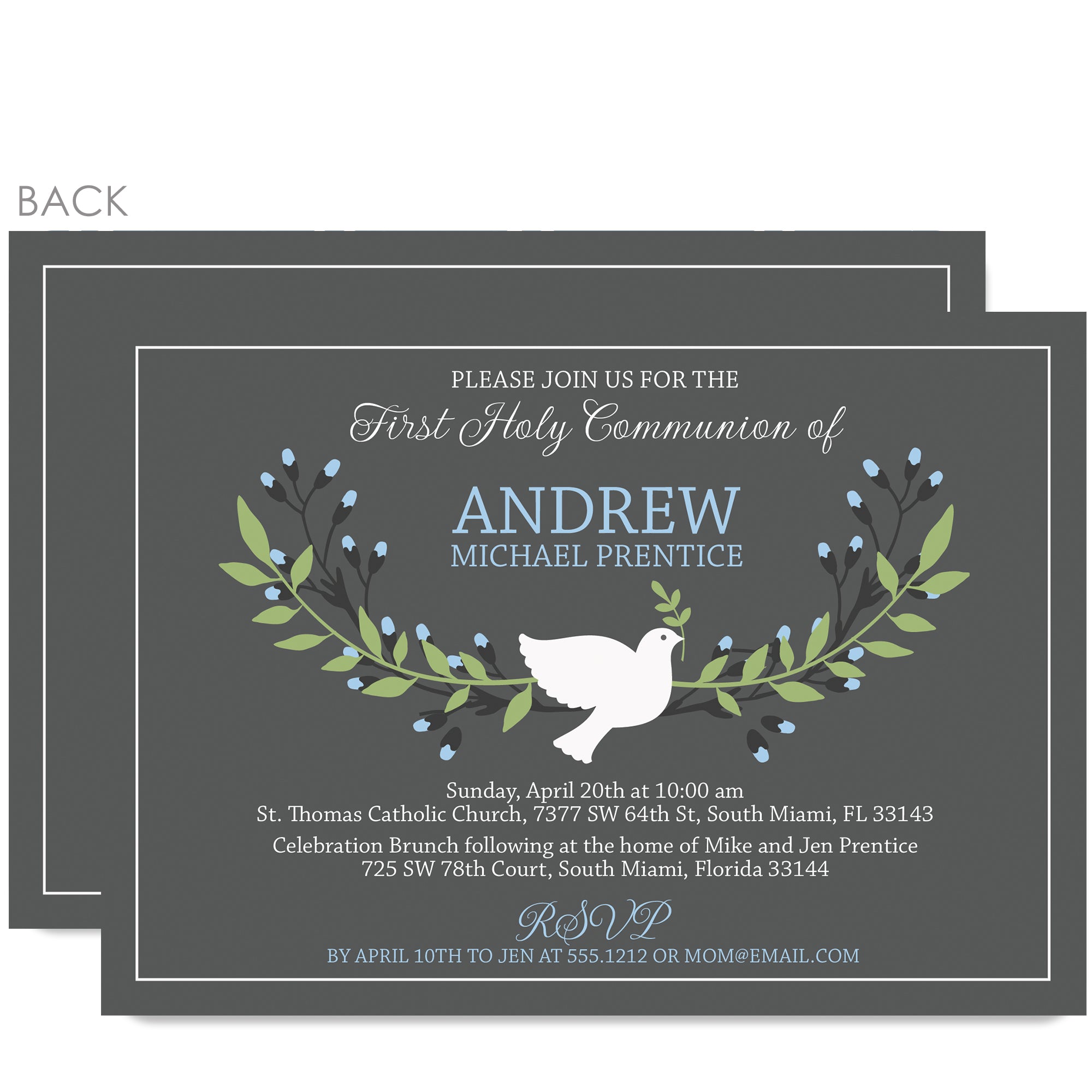 First Holy Communion Invitation, Blue and Gray, Dove, PIPSY.COM
