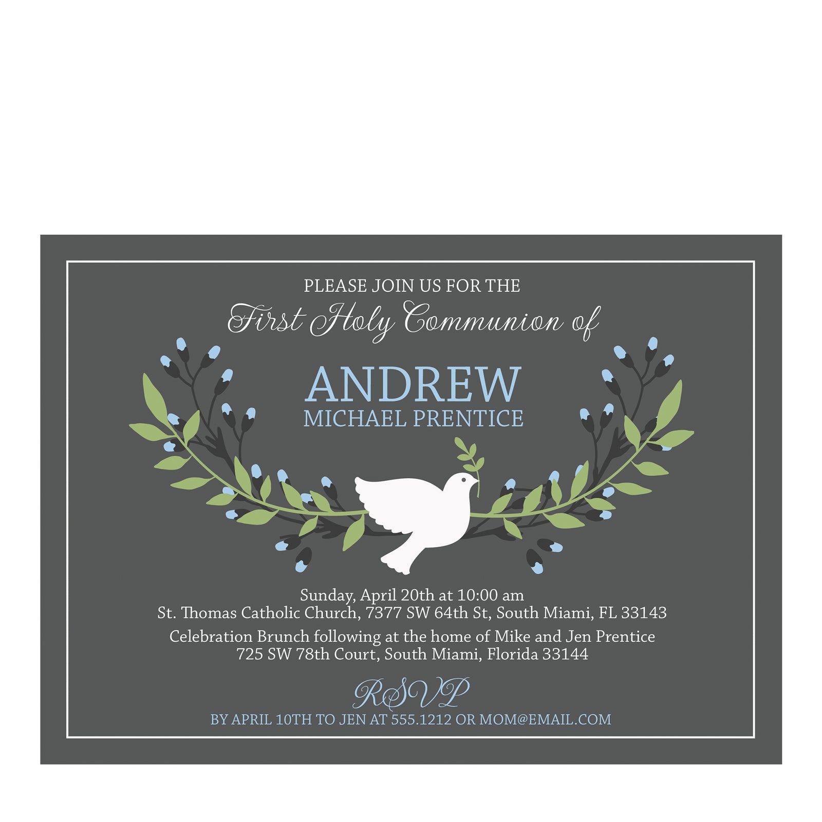 First Holy Communion Invitation, Blue and Gray, Dove, PIPSY.COM