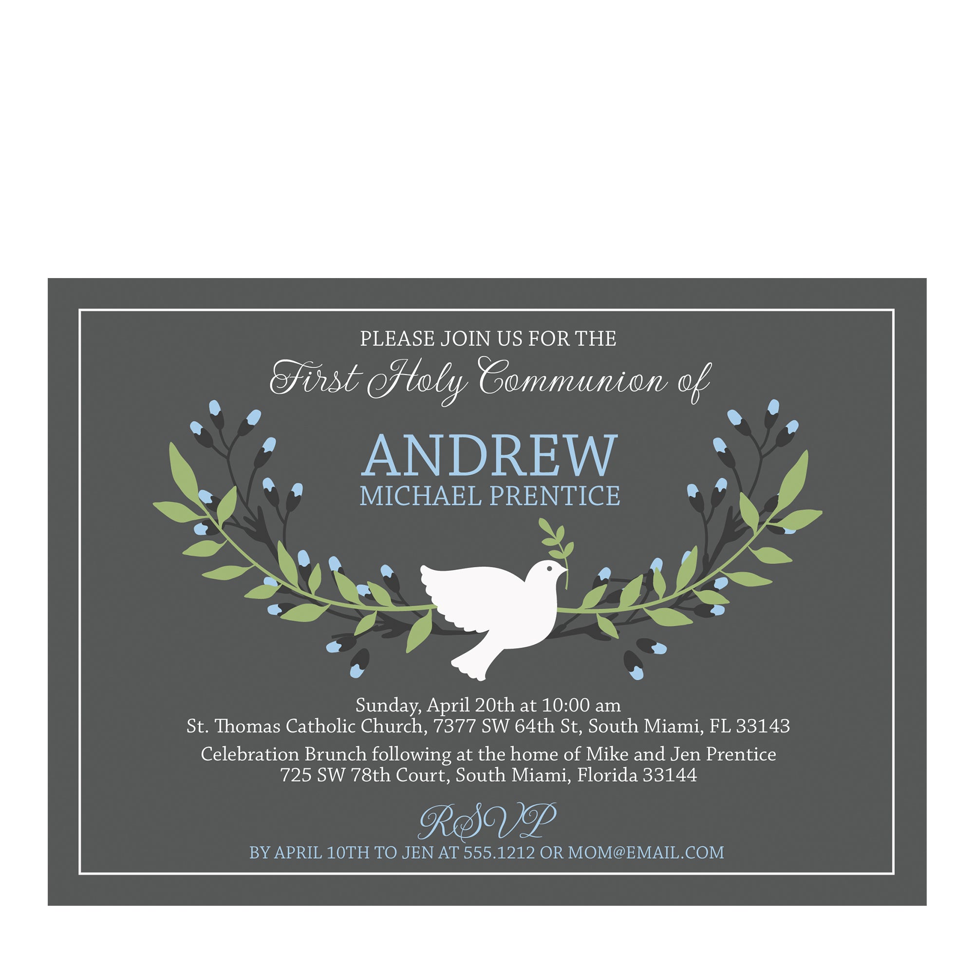 First Holy Communion Invitation, Blue and Gray, Dove, PIPSY.COM, front