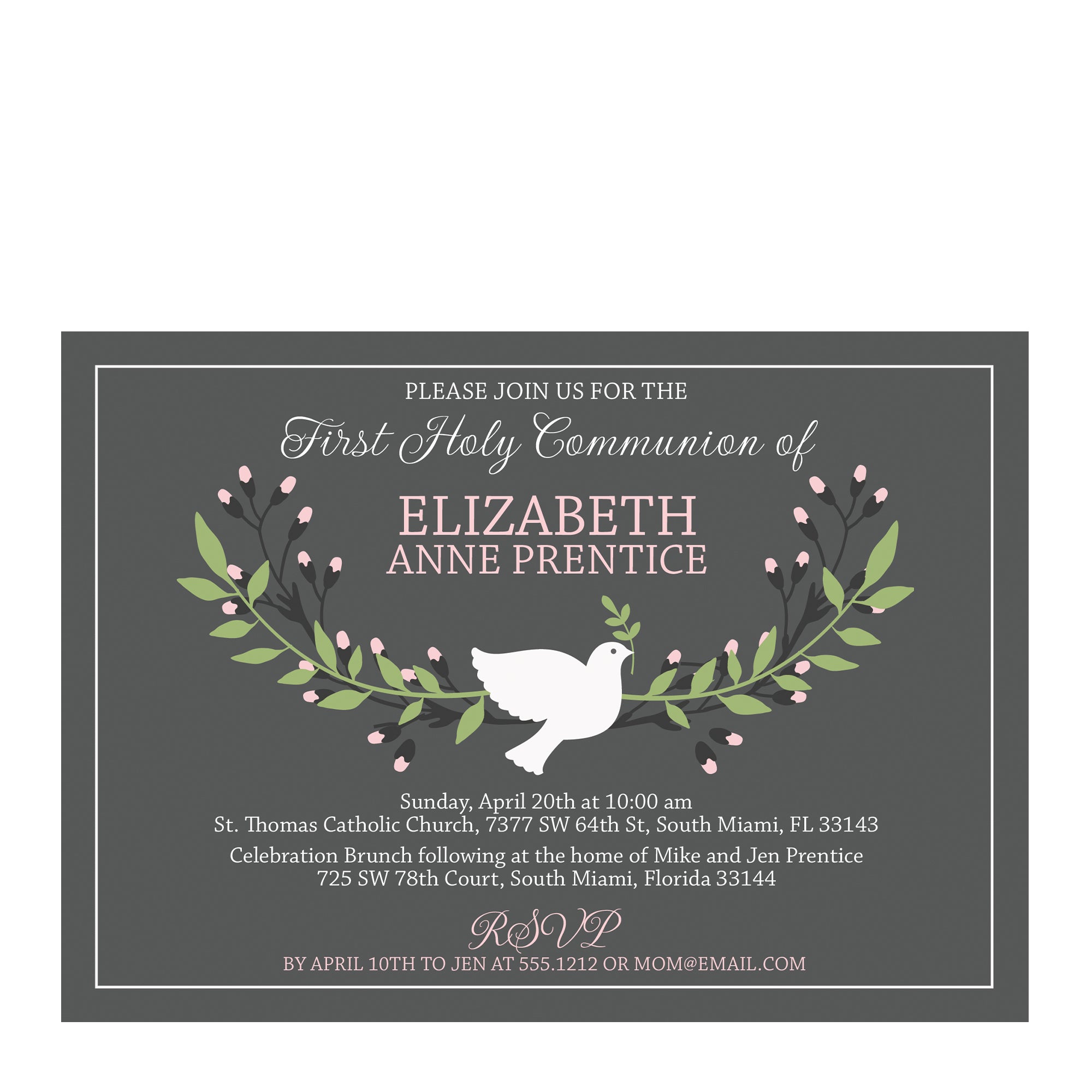 Holy Communion Invitation, Girl, Dove, Pink, PIPSY.COM, front