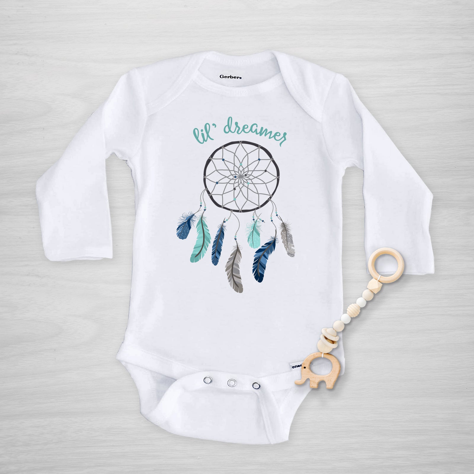 dreamcatcher blue "lil dreamer" gerber onesie, long sleeved