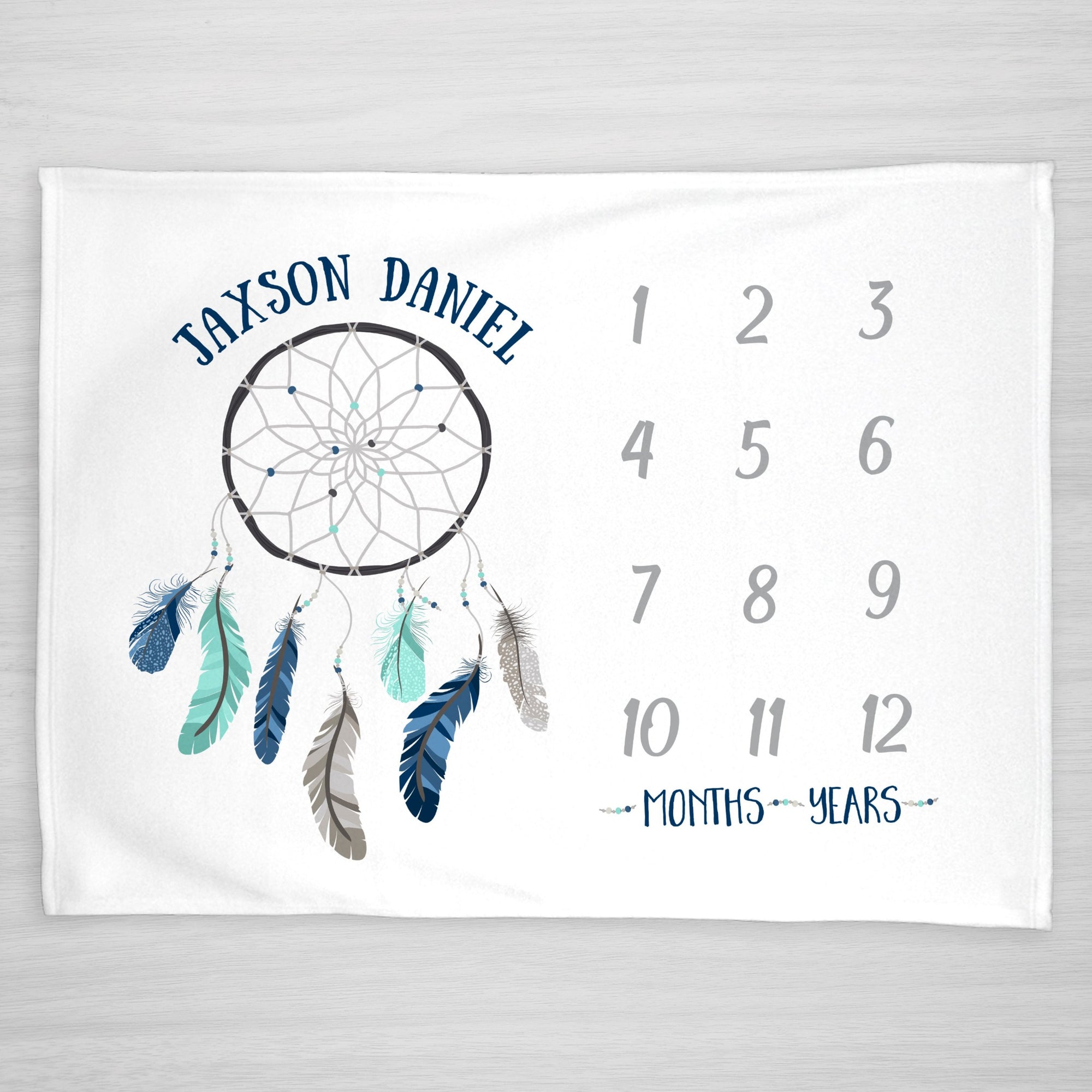 Dreamcatcher Personalized baby milestone blanket in blue and gray