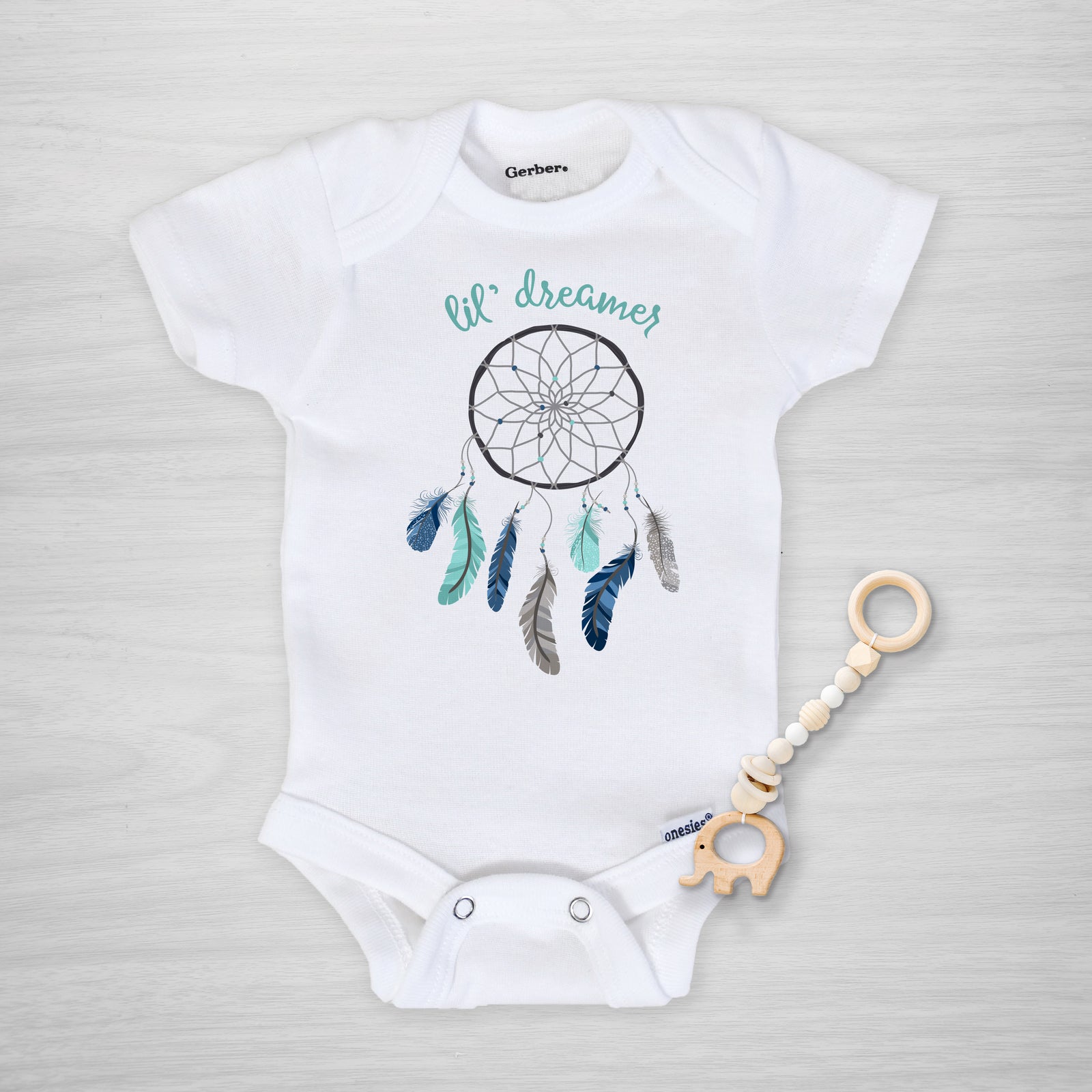 dreamcatcher blue "lil dreamer" gerber onesie, long sleeved