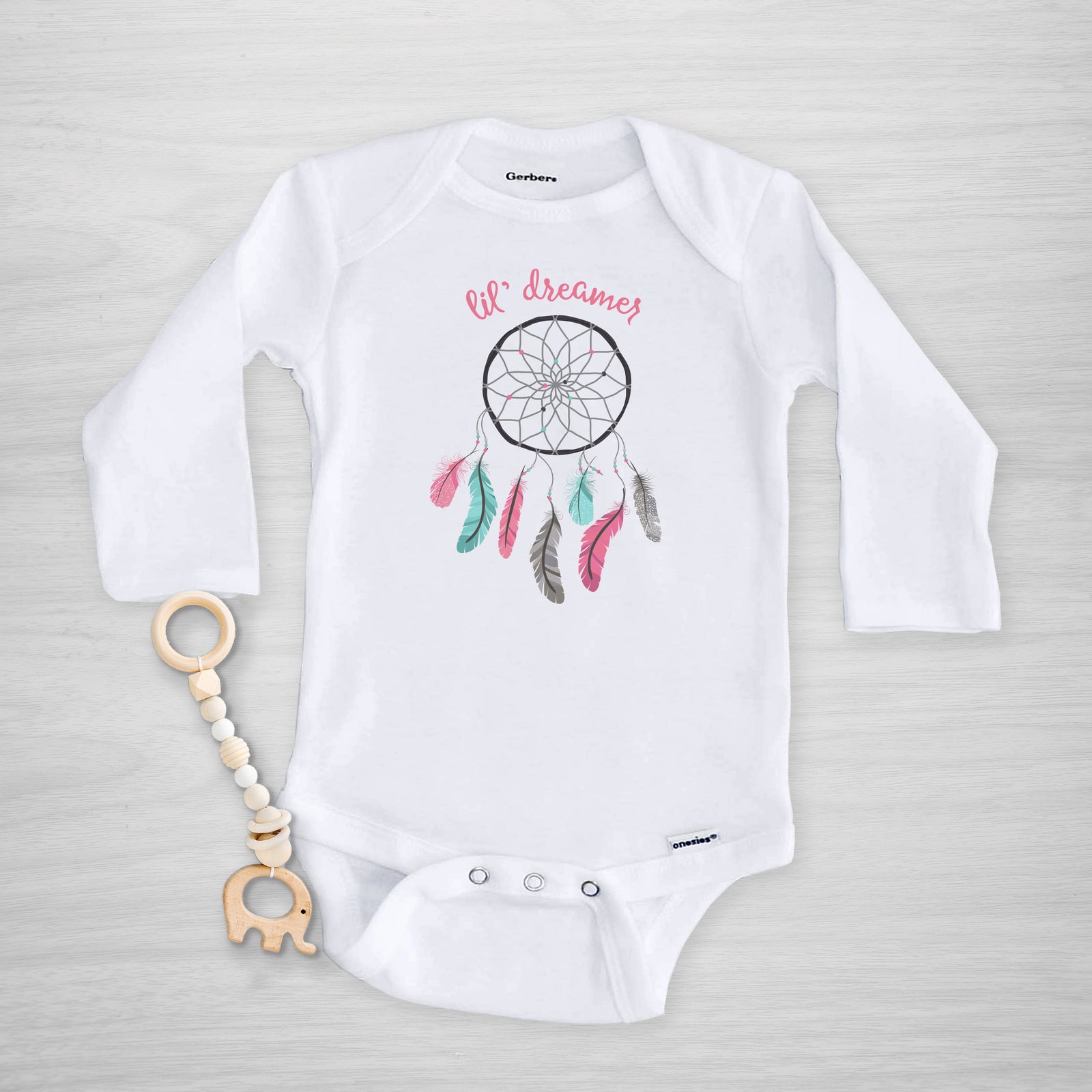 dreamcatcher pink "lil dreamer" gerber onesie, short sleeved