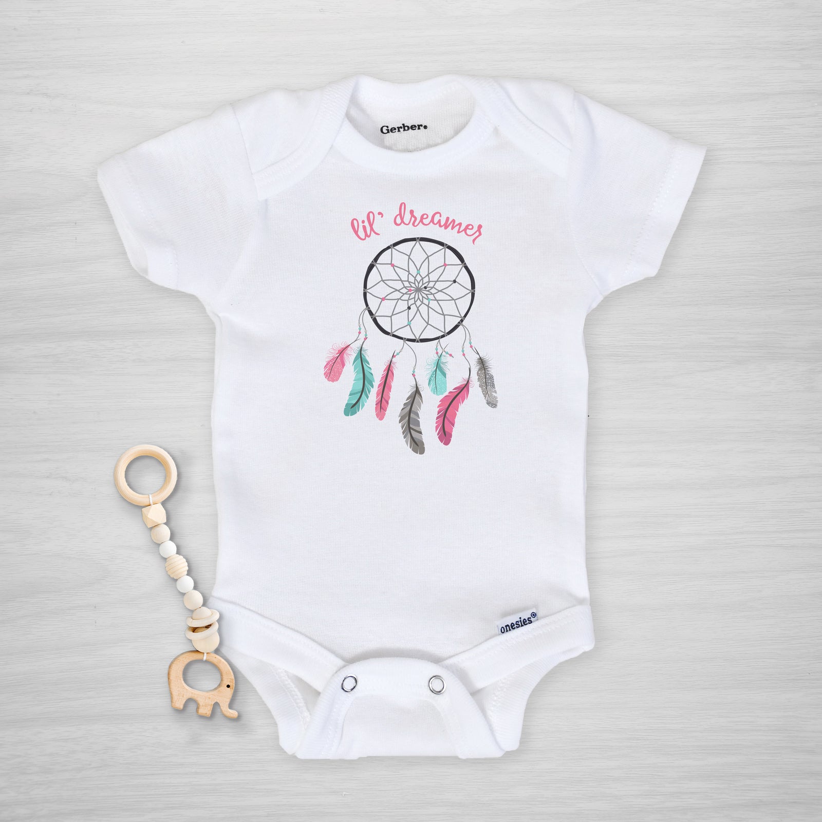 dreamcatcher pink "lil dreamer" gerber onesie, short sleeved