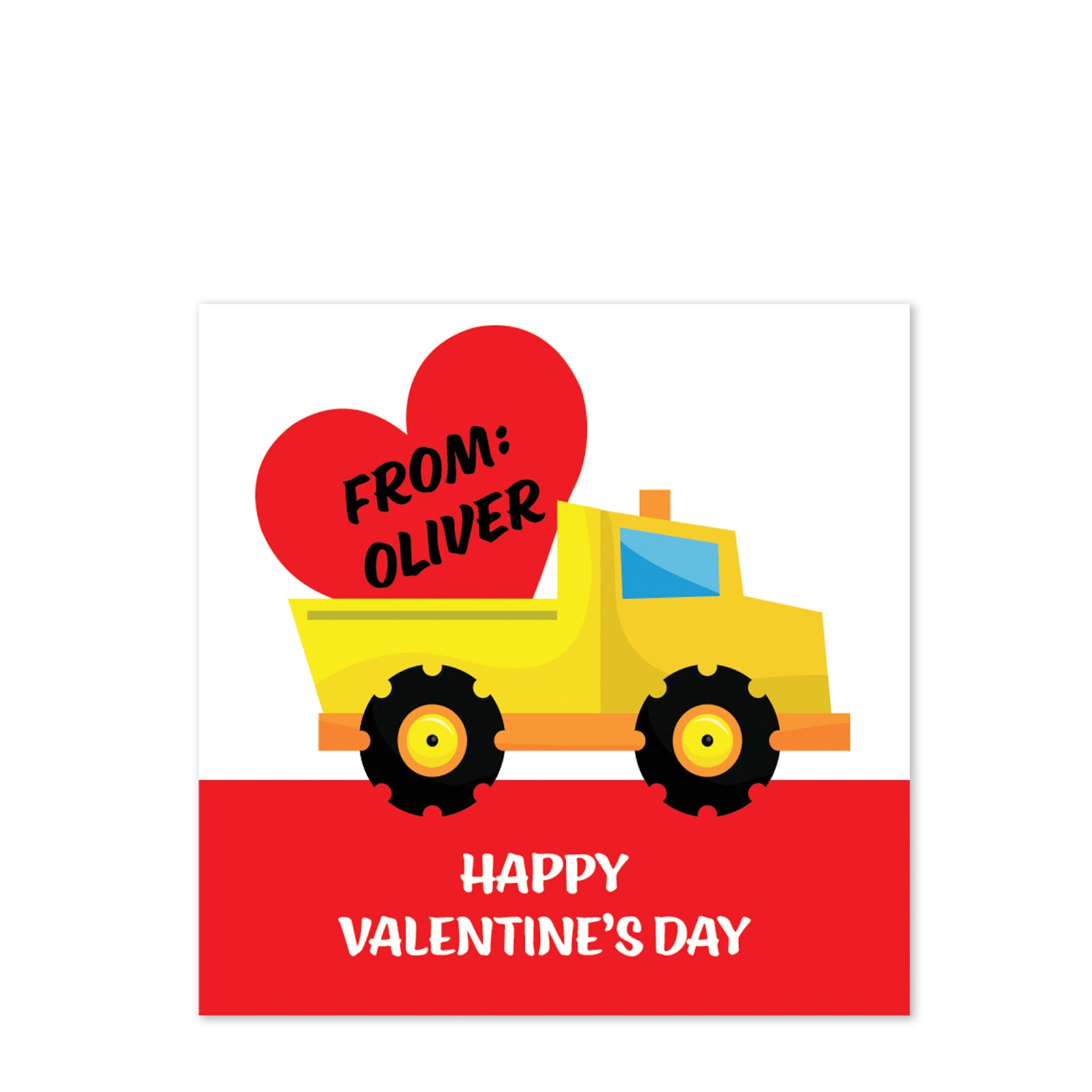 Yellow dump truck carrying a heart | 2.5" Square Valentine's Day Sticker for candy bag | Classroom Party | Personalized stickers | PIPSY.COM