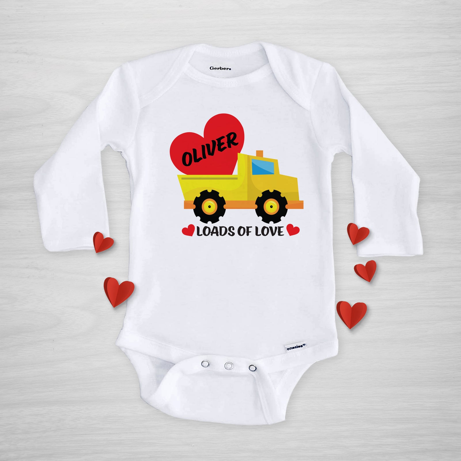 Construction Dump Truck Valentine's Day Gerber Onesie, PIPSY.COM