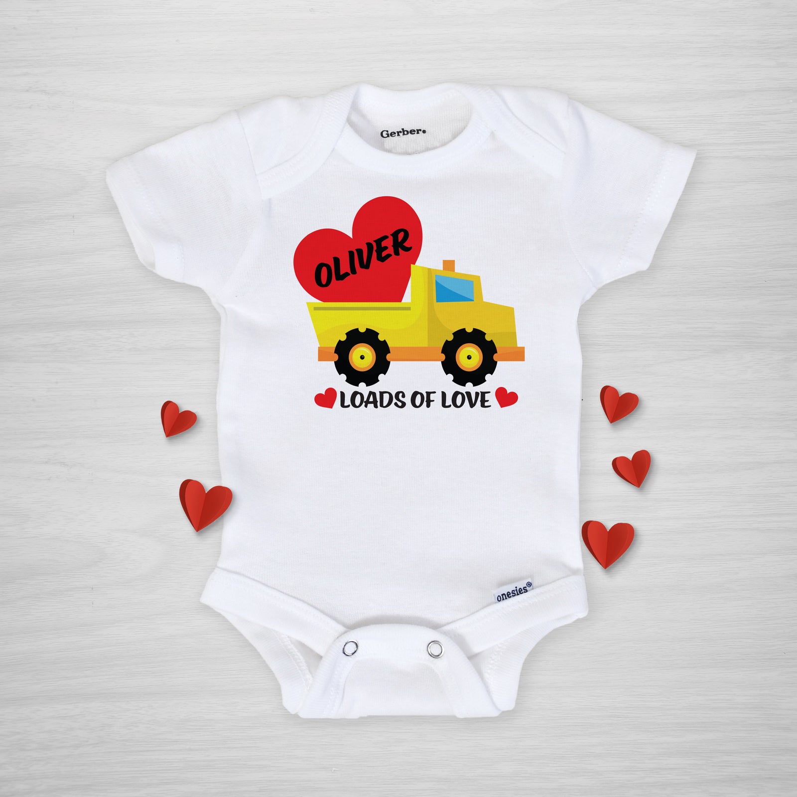 Construction Dump Truck Valentine's Day Gerber Onesie, PIPSY.COM