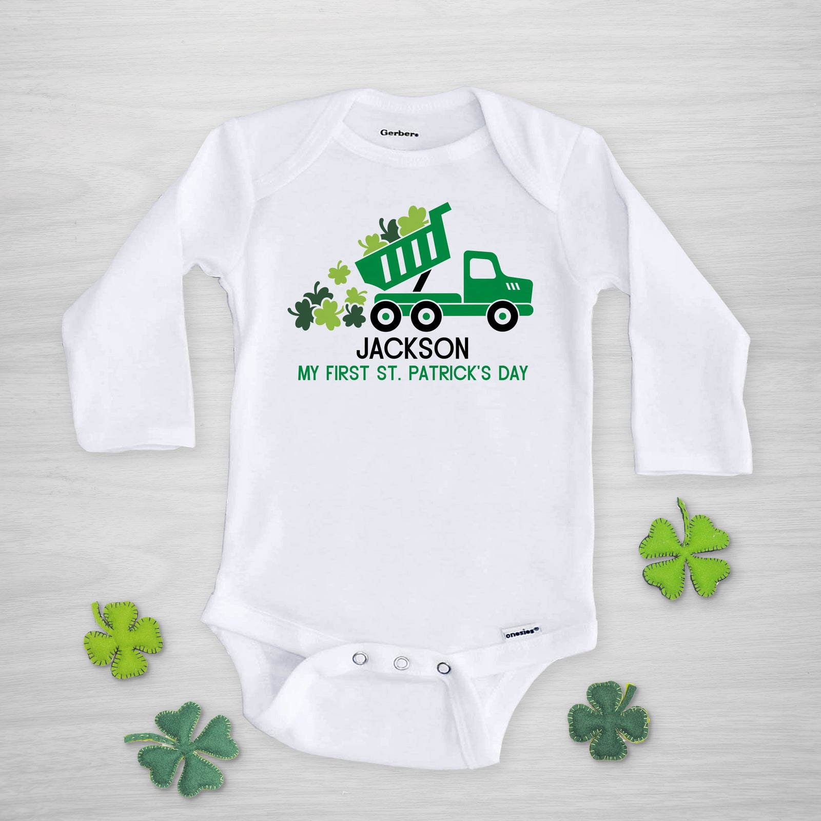 Dump Truck with Shamrocks St. Patrick's Day Personalized Gerber Onesie, long sleeved