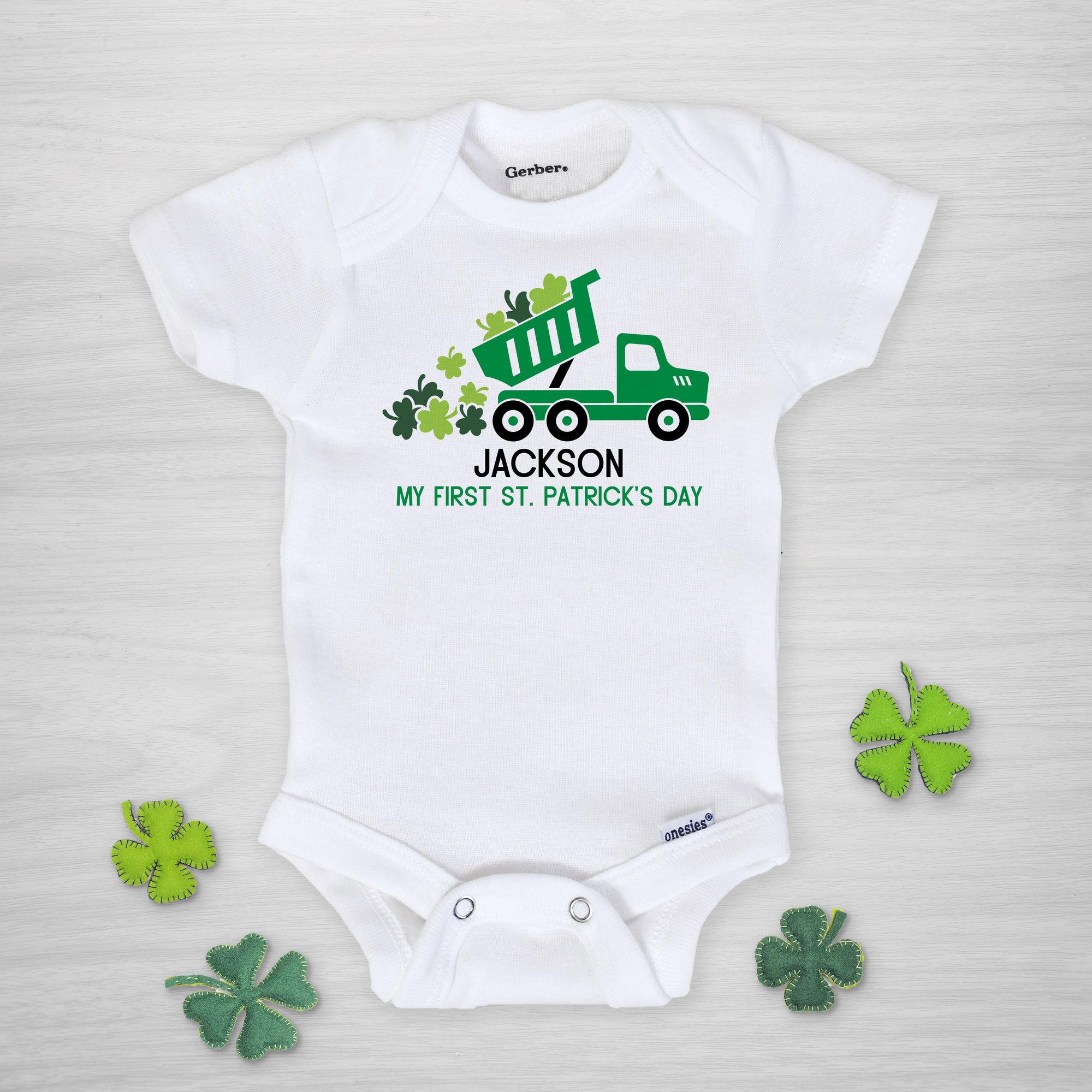 Dump Truck with Shamrocks St. Patrick's Day Personalized Gerber Onesie, short sleeved