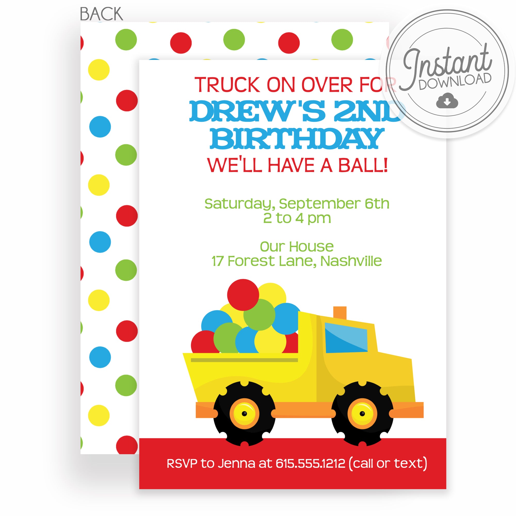  Dump Truck filled with balls Birthday Invitation | Templett Invitation | Instant Download DIY | PIPSY.COM