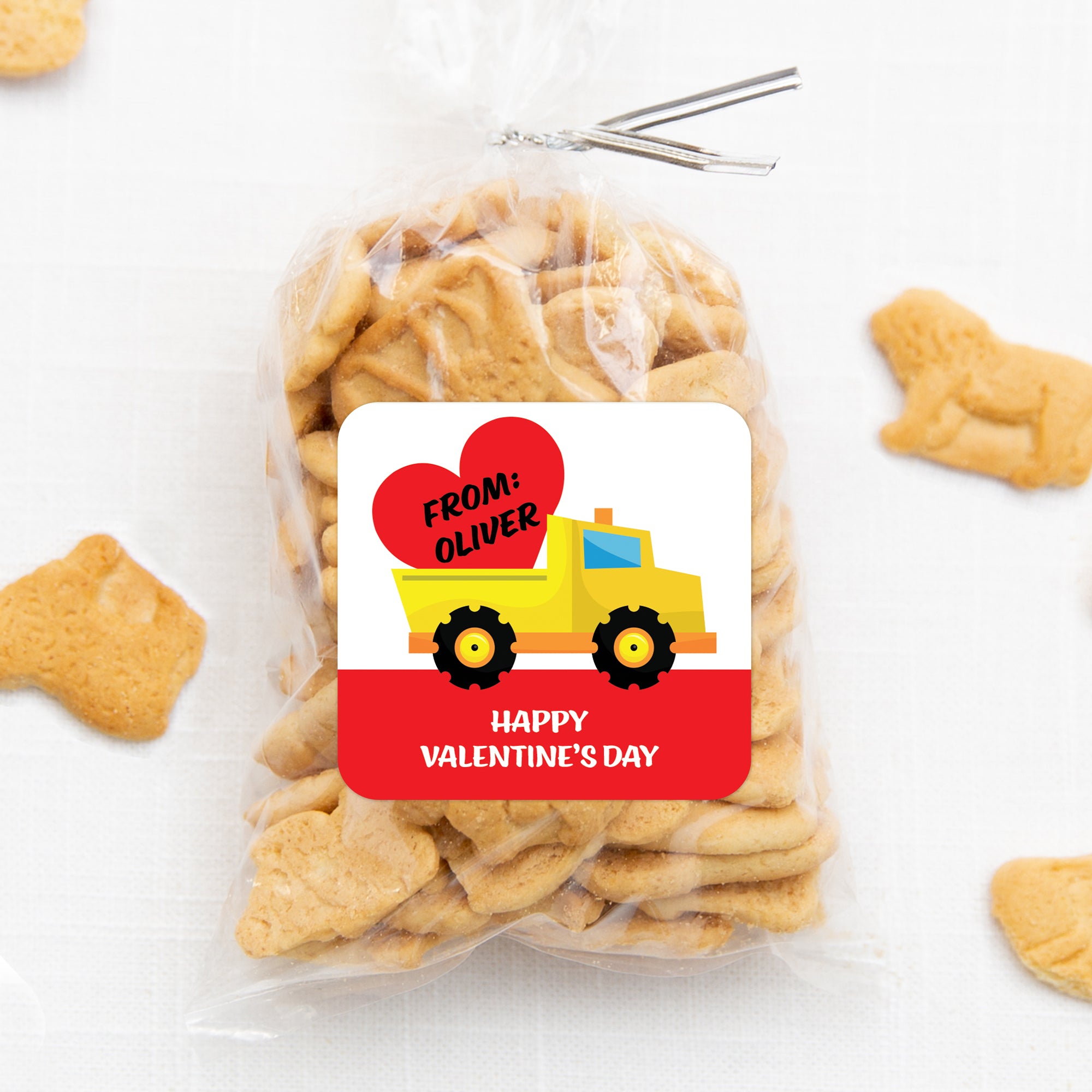 Yellow dump truck carrying a heart | 2.5" Square Valentine's Day Sticker for candy bag | Classroom Party | Personalized stickers | PIPSY.COM