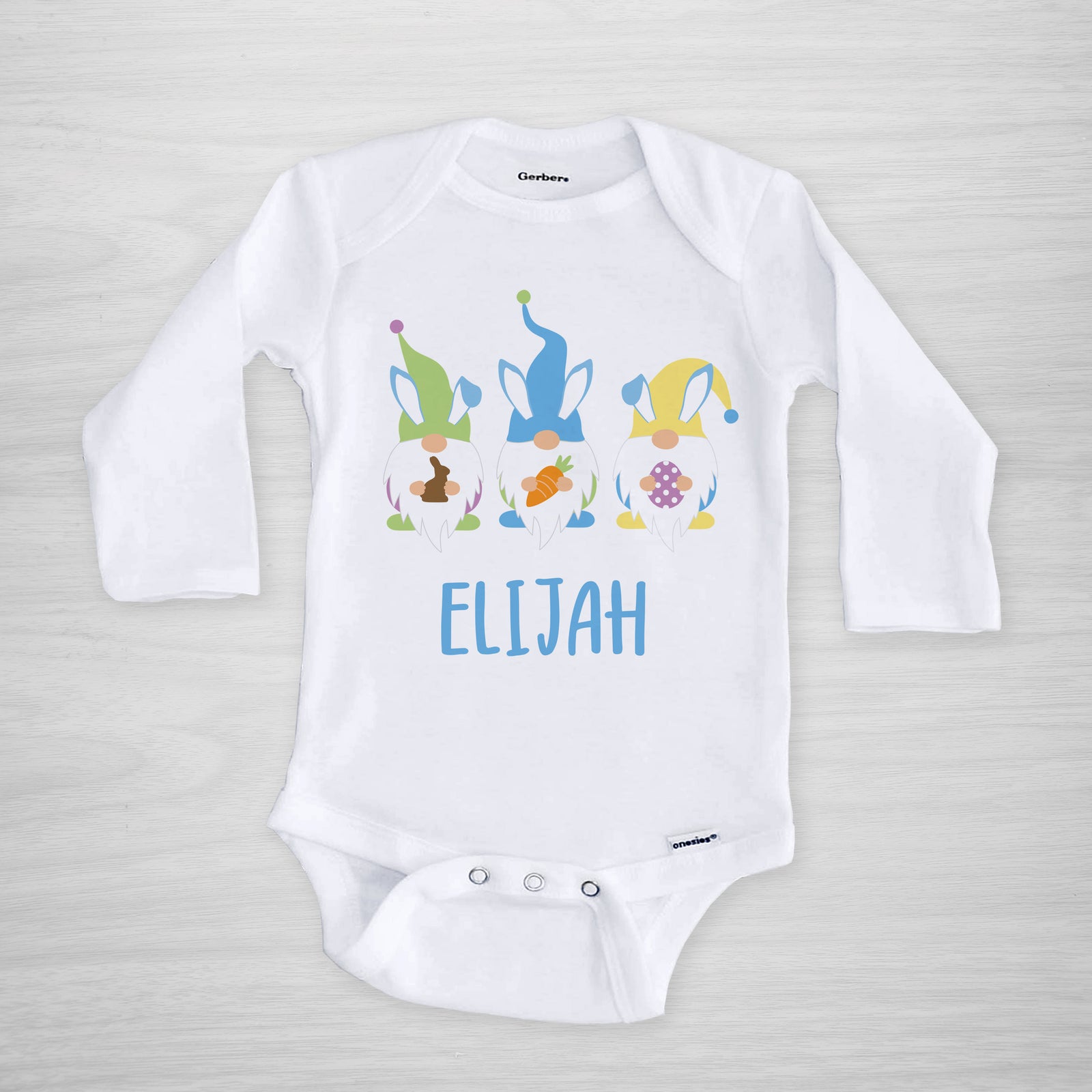 Easter gnome personalized onesie, with bunny ear gnomes and sweet Easter treats, long sleeved
