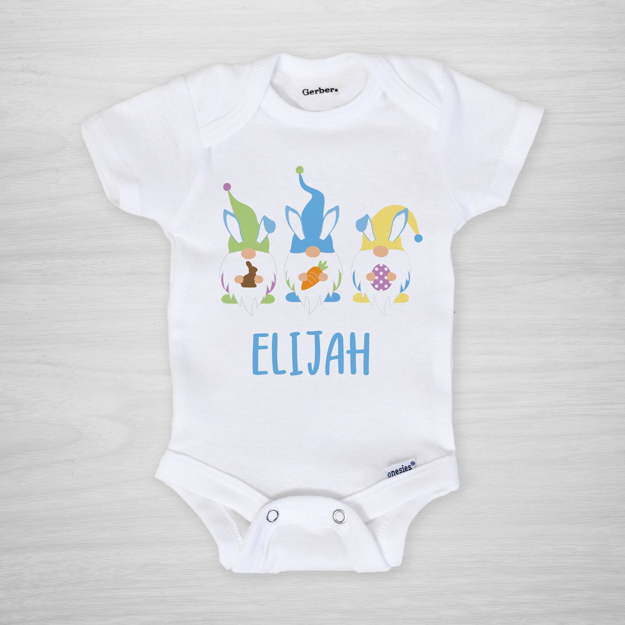 Easter gnome personalized onesie, with bunny ear gnomes and sweet Easter treats, long sleeved