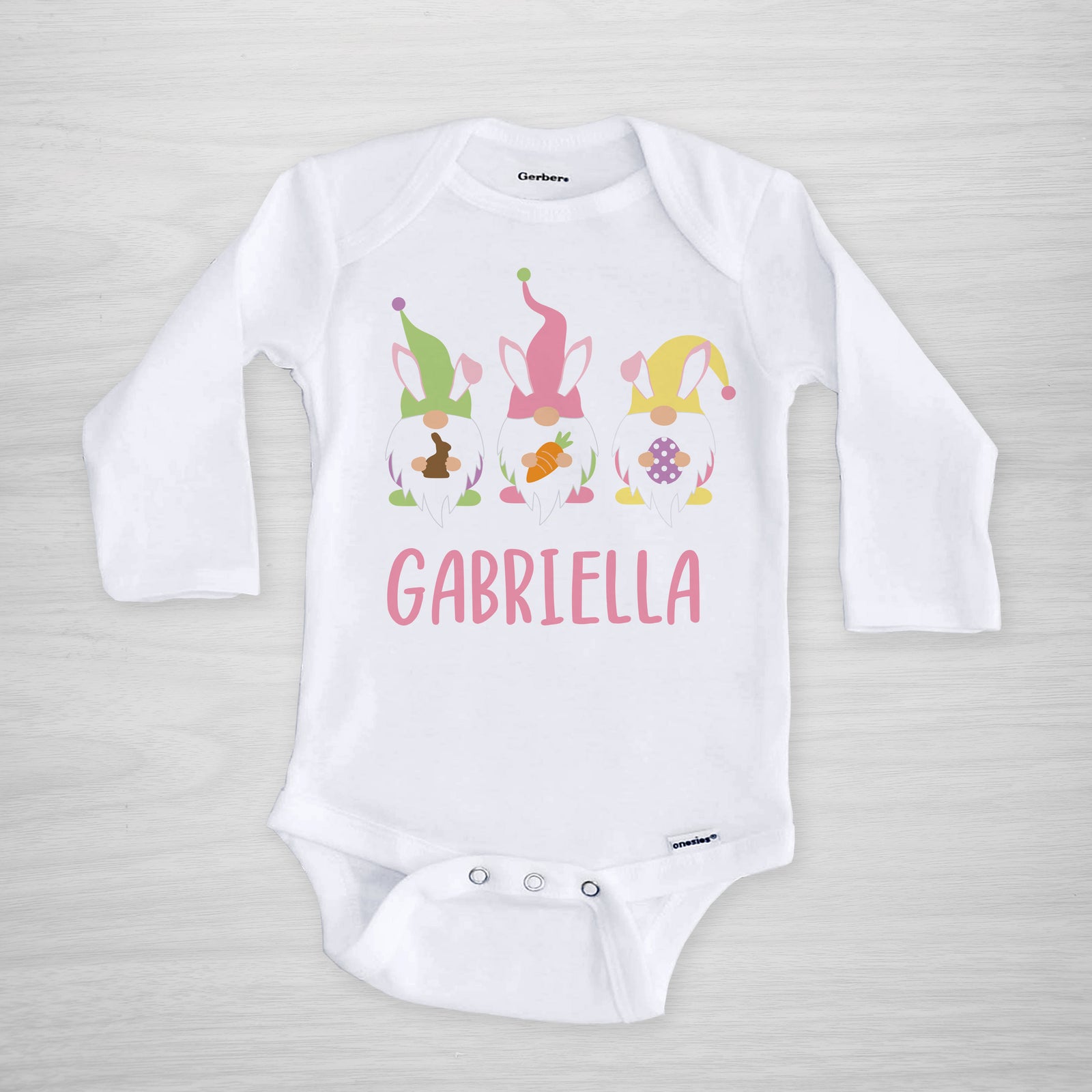 Easter gnome personalized onesie, with bunny ear gnomes and sweet Easter treats, long sleeved