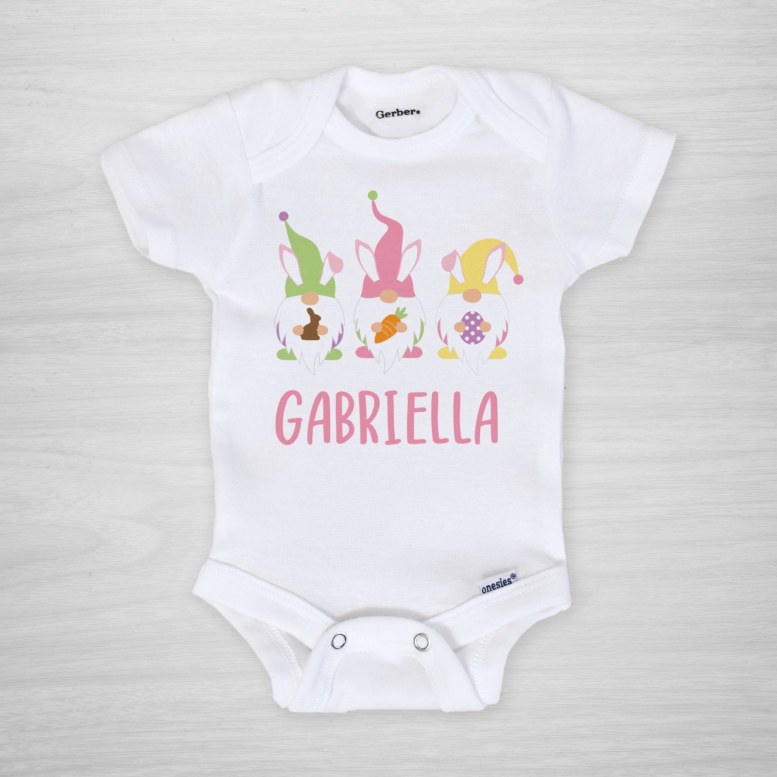 Easter gnome personalized onesie, with bunny ear gnomes and sweet Easter treats, long sleeved