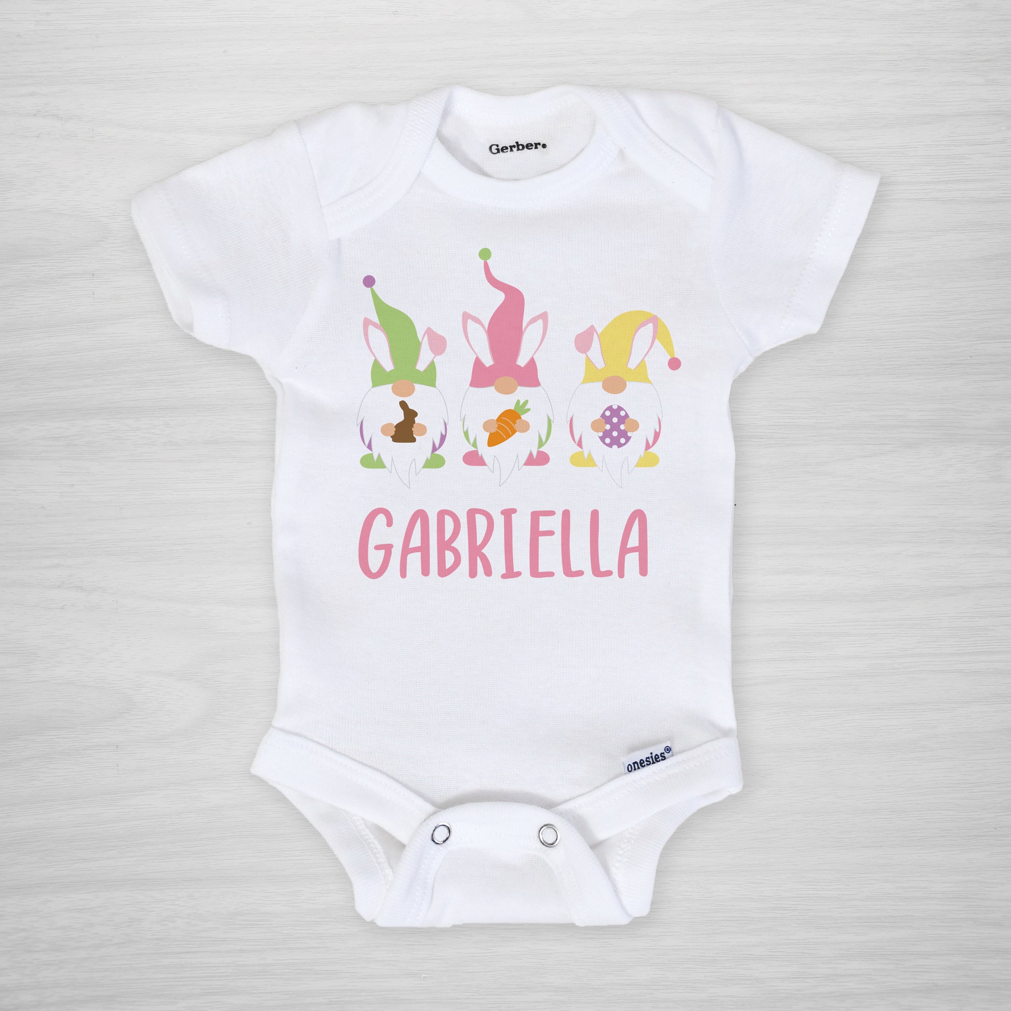 Easter gnome personalized onesie, with bunny ear gnomes and sweet Easter treats, short sleeved