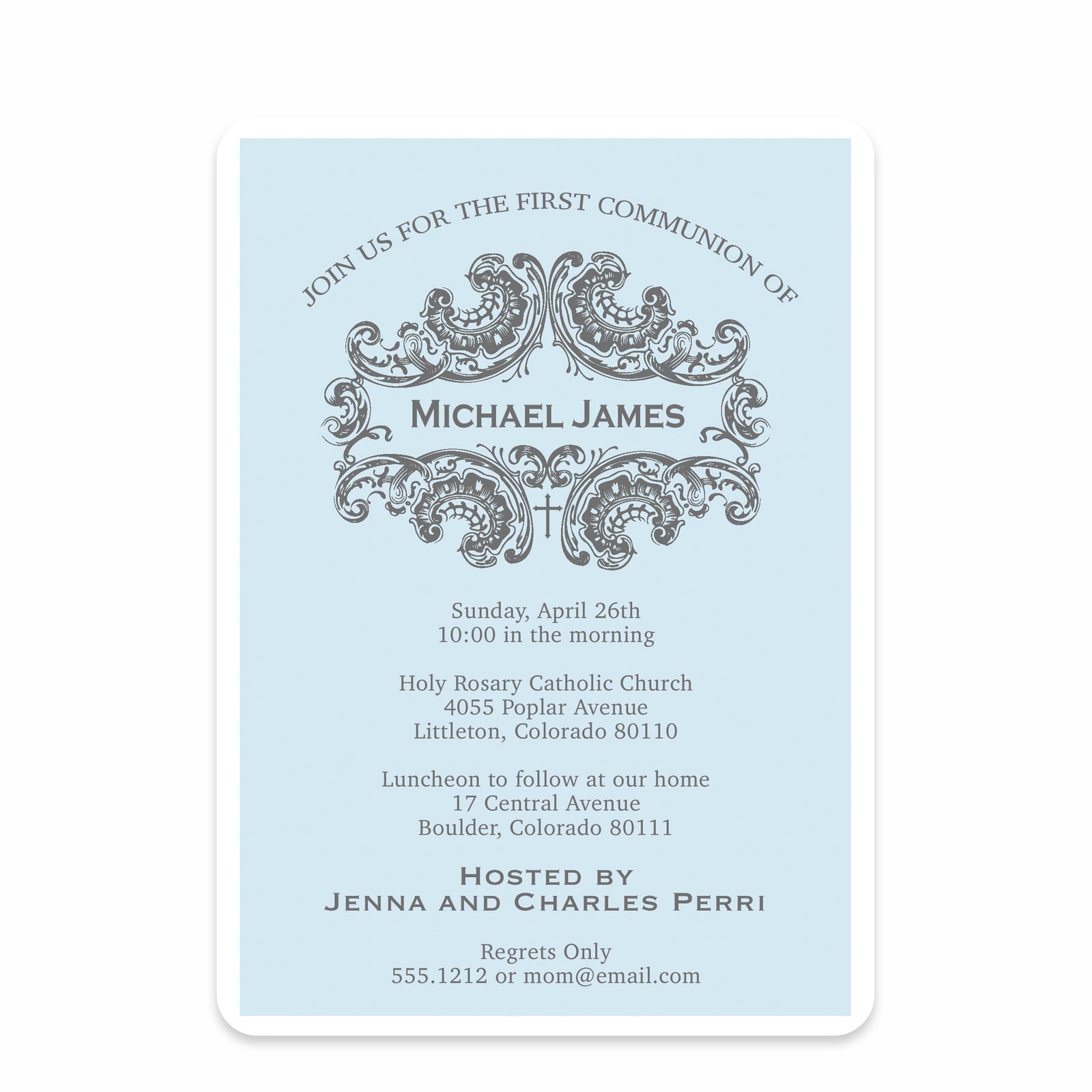 Baptism Invitation, Elegant Design in Blue, Printed on Premium Heavy Cardstock, Pipsy.com