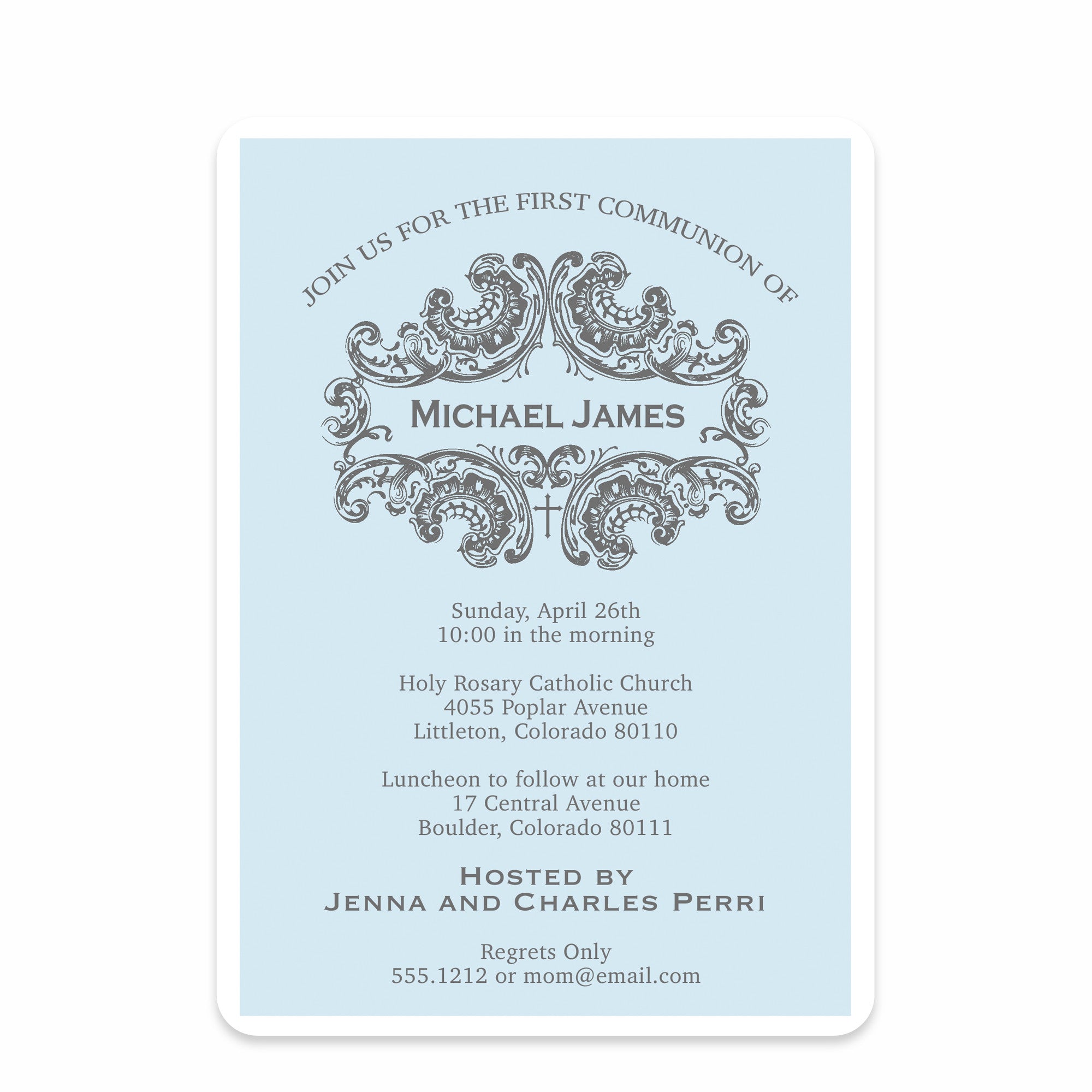 Baptism Invitation, Elegant Design in Blue, Printed on Premium Heavy Cardstock, Pipsy.com, front