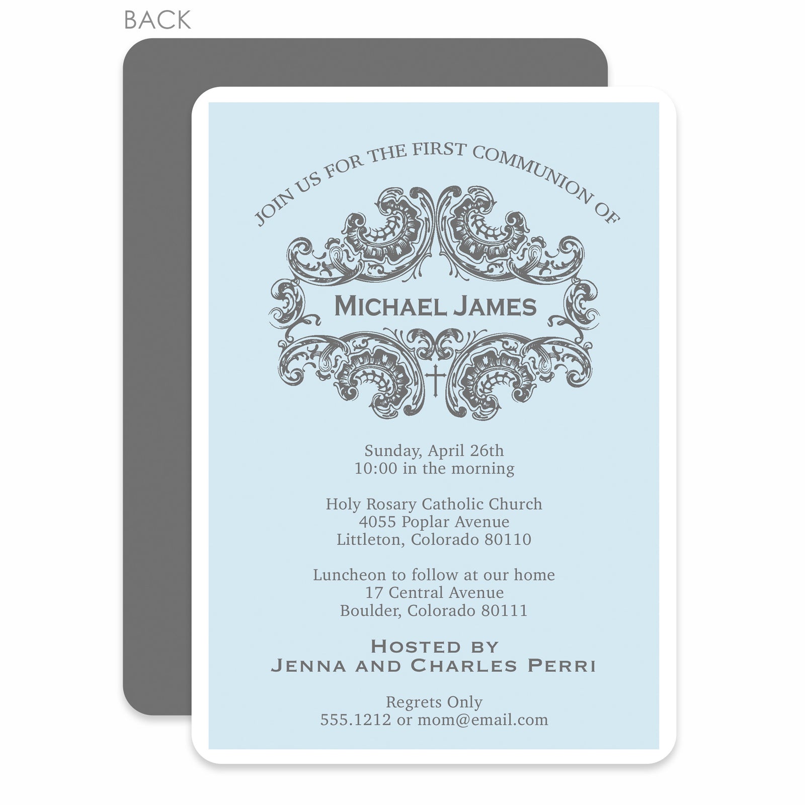 Baptism Invitation, Elegant Design in Blue, Printed on Premium Heavy Cardstock, Pipsy.com