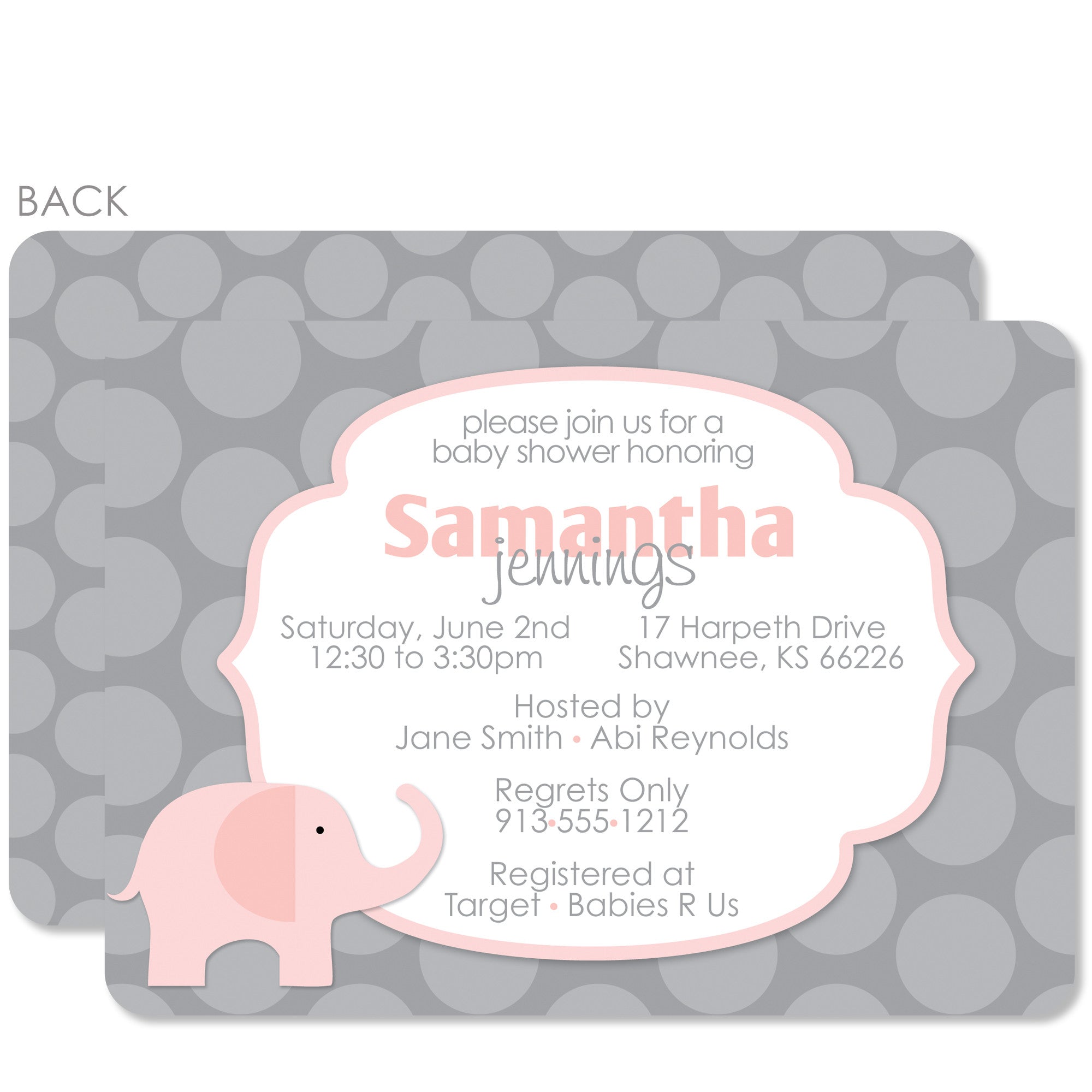 Pink & Grey Elephant Baby Shower Invitation