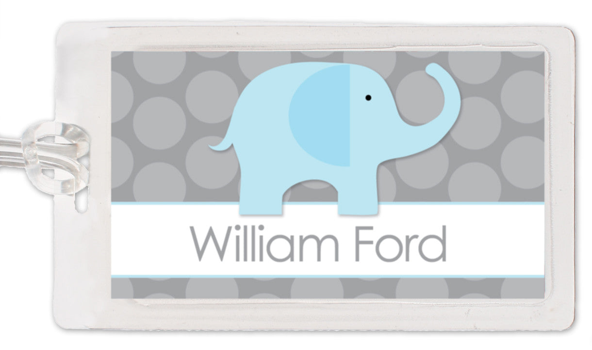 Blue elephant on grey polka dots bagtag