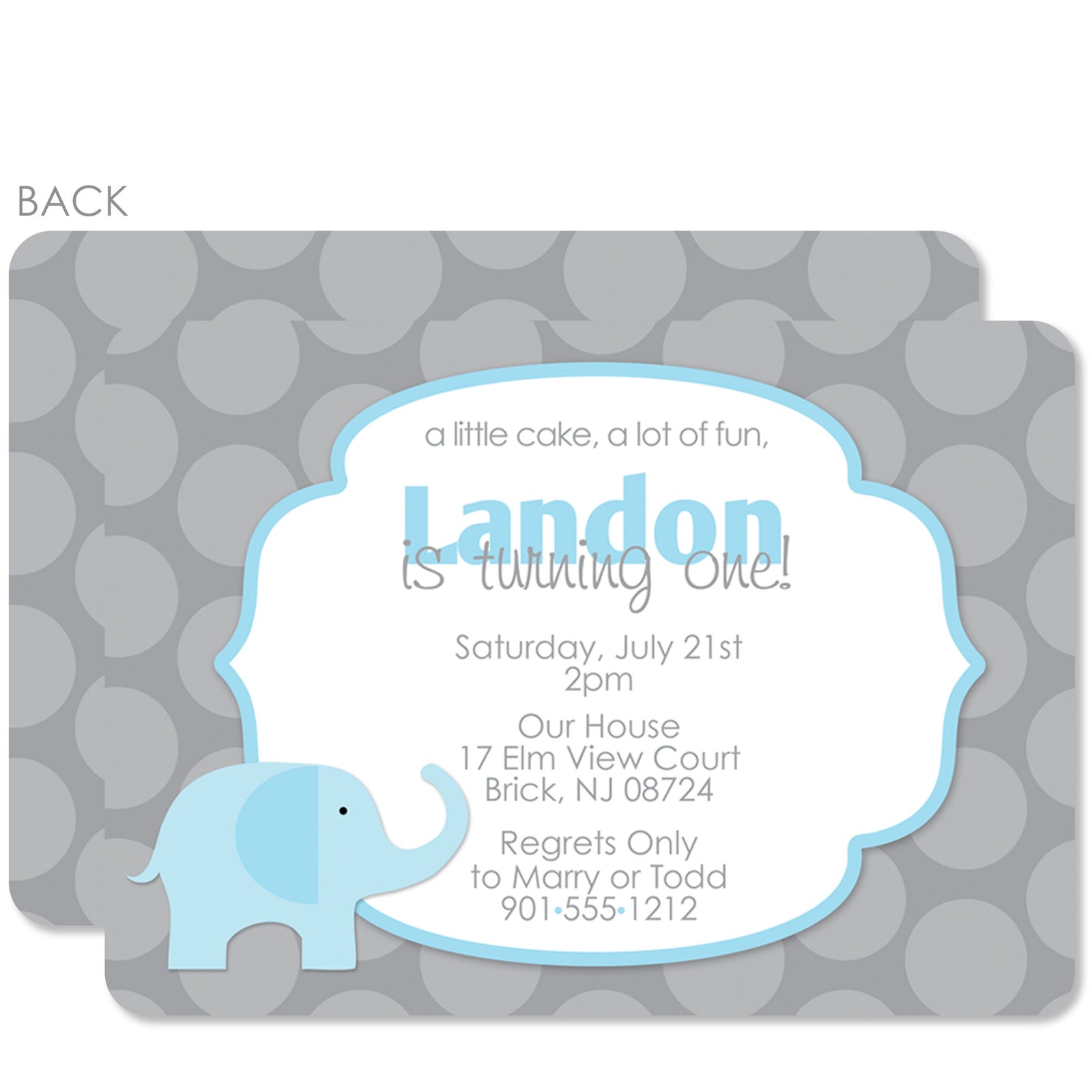 Blue Elephant Birthday Invitation with Polka Dots, Premium Printed Cardstock Invitations, Pipsy.com