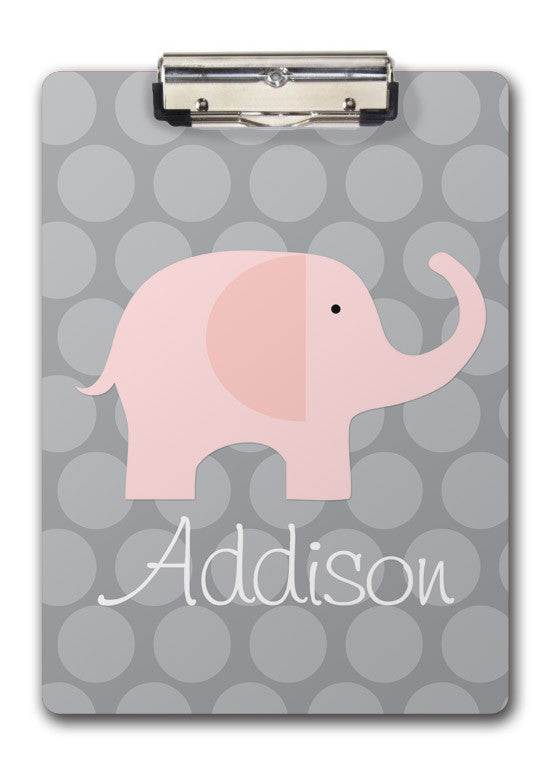 pink elephant on grey polka dots personalized kids clipboard