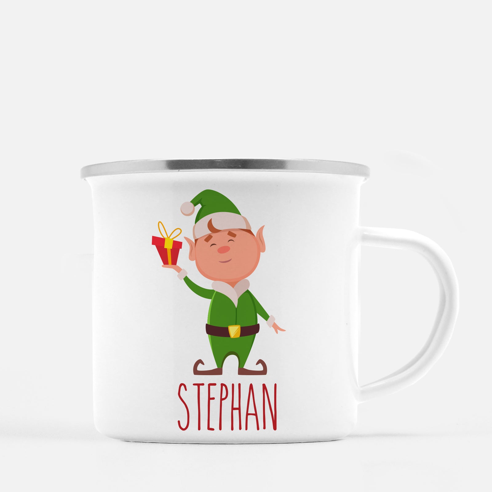 Christmas Camp Mug, Elf with Present, Personalized, Pipsy.com, red lip