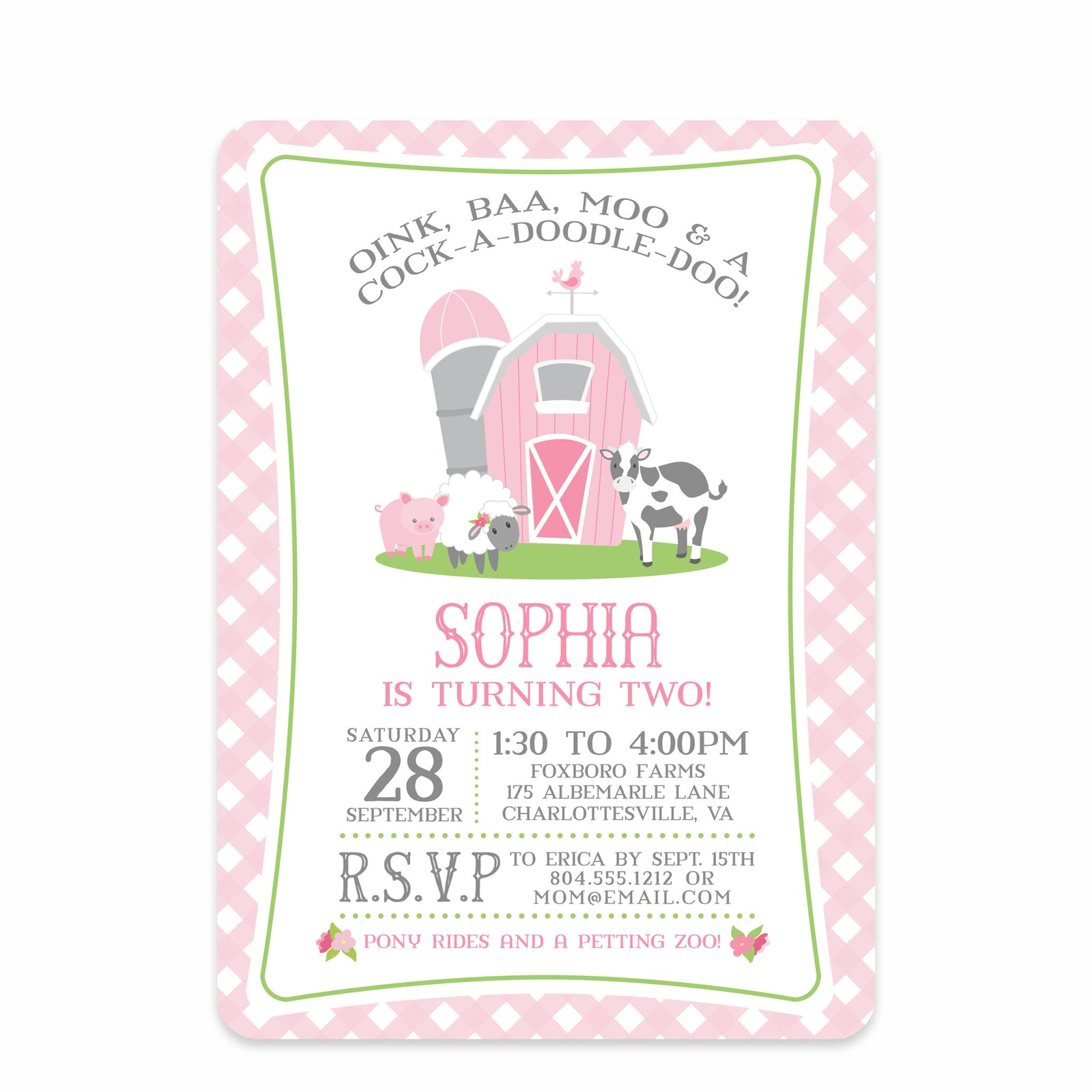 Farm Party Birthday Invitation | Pipsy.com | Pink & Green