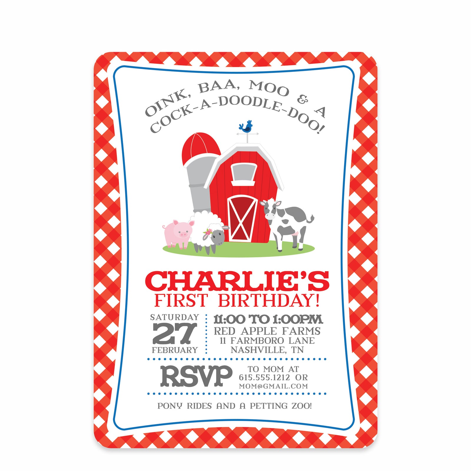 Farm Party Birthday Invitation | Pipsy.com | Red and Blue