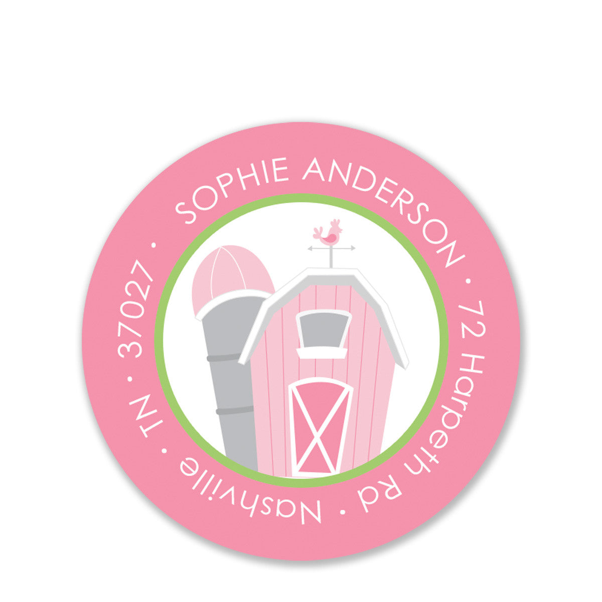 Farm Party Round Return Address Sticker, Pink (Printed)