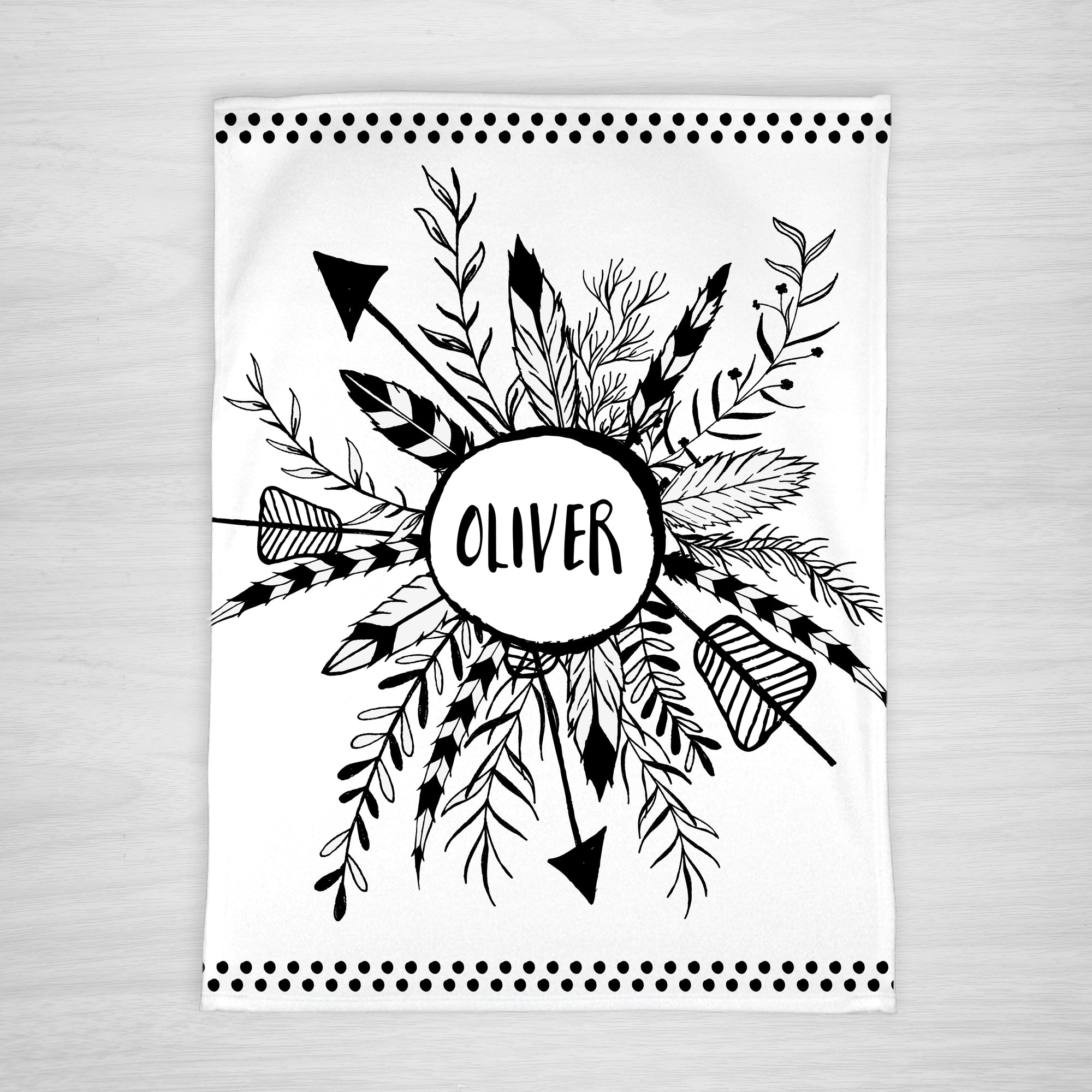 Feathers and Arrows black and white personalized name blanket