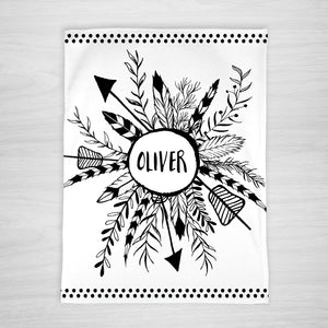 Feathers and Arrows black and white personalized name blanket