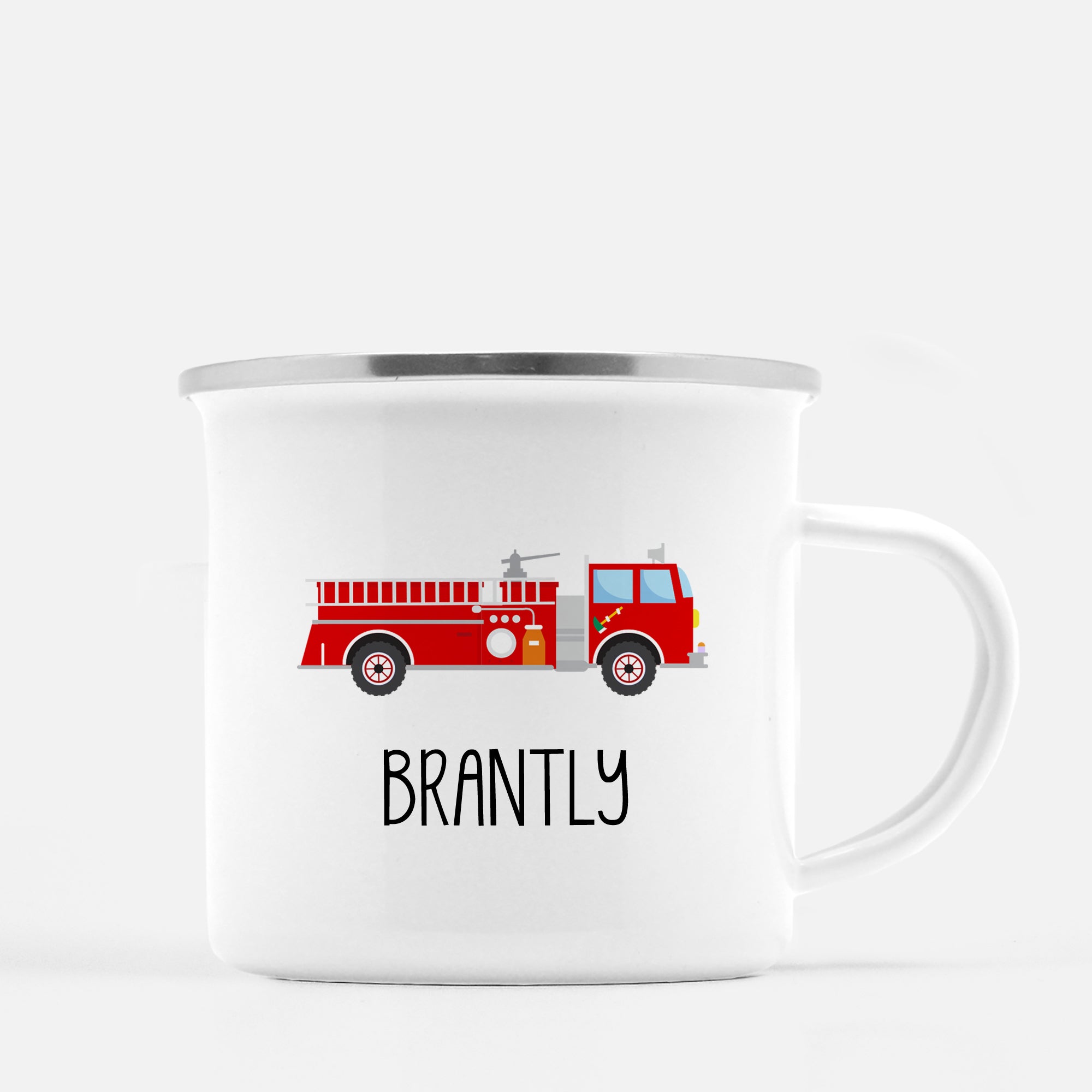 Personalized Firetruck camp mug, perfect for your future firefighter!  Dishwasher safe print with a silver lip