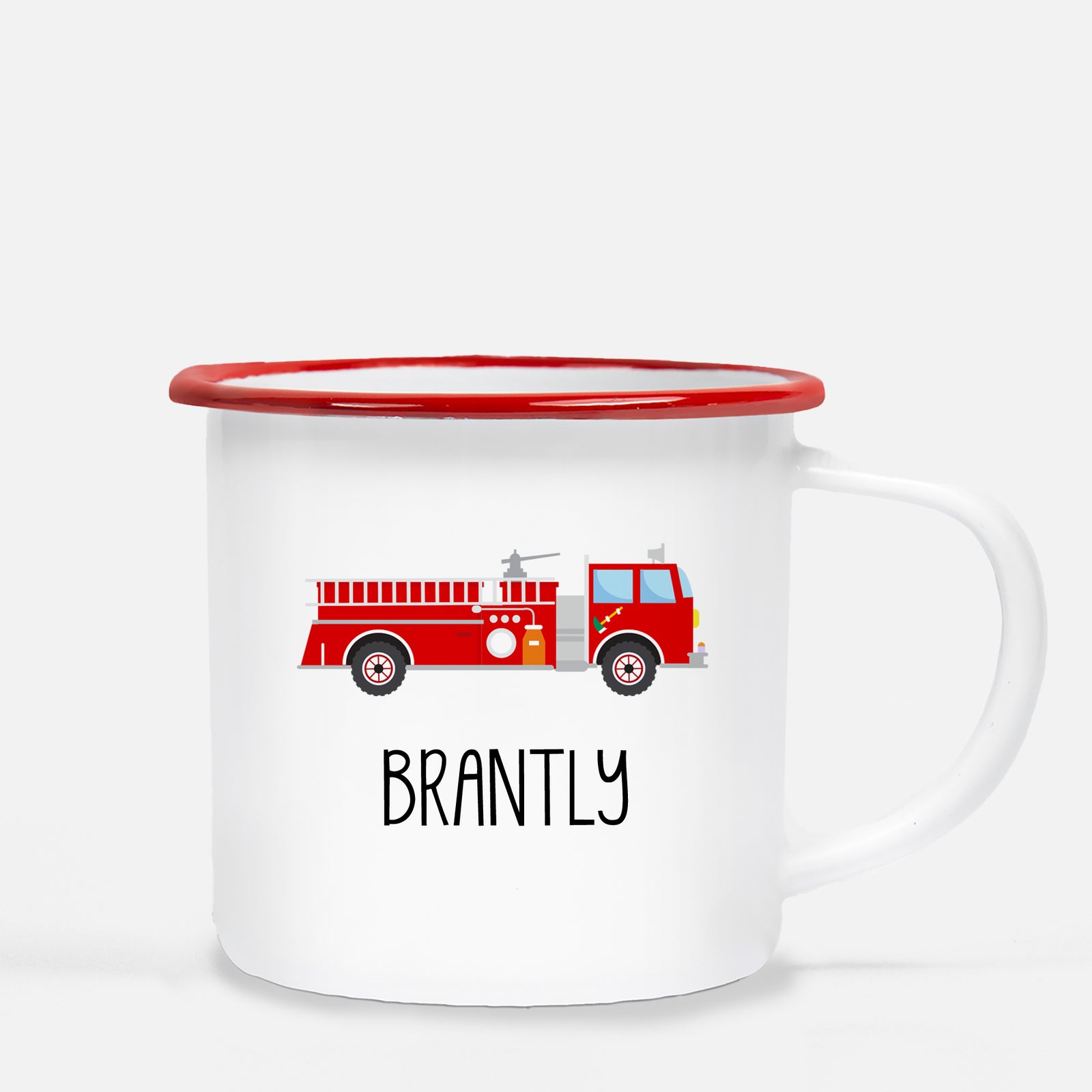 Firetruck Camp Mug, Personalized with child's name, enamel coated stainless steel construction with a cute red lip
