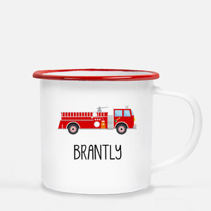Firetruck Camp Mug, Personalized with child's name, enamel coated stainless steel construction with a cute red lip