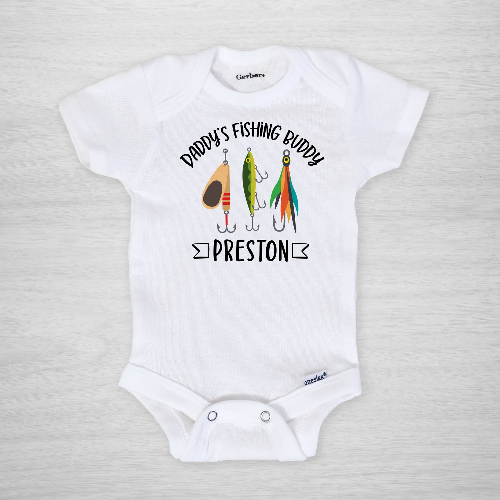 Daddy's Fishing Buddy Personalized Gerber Onesie, short sleeved