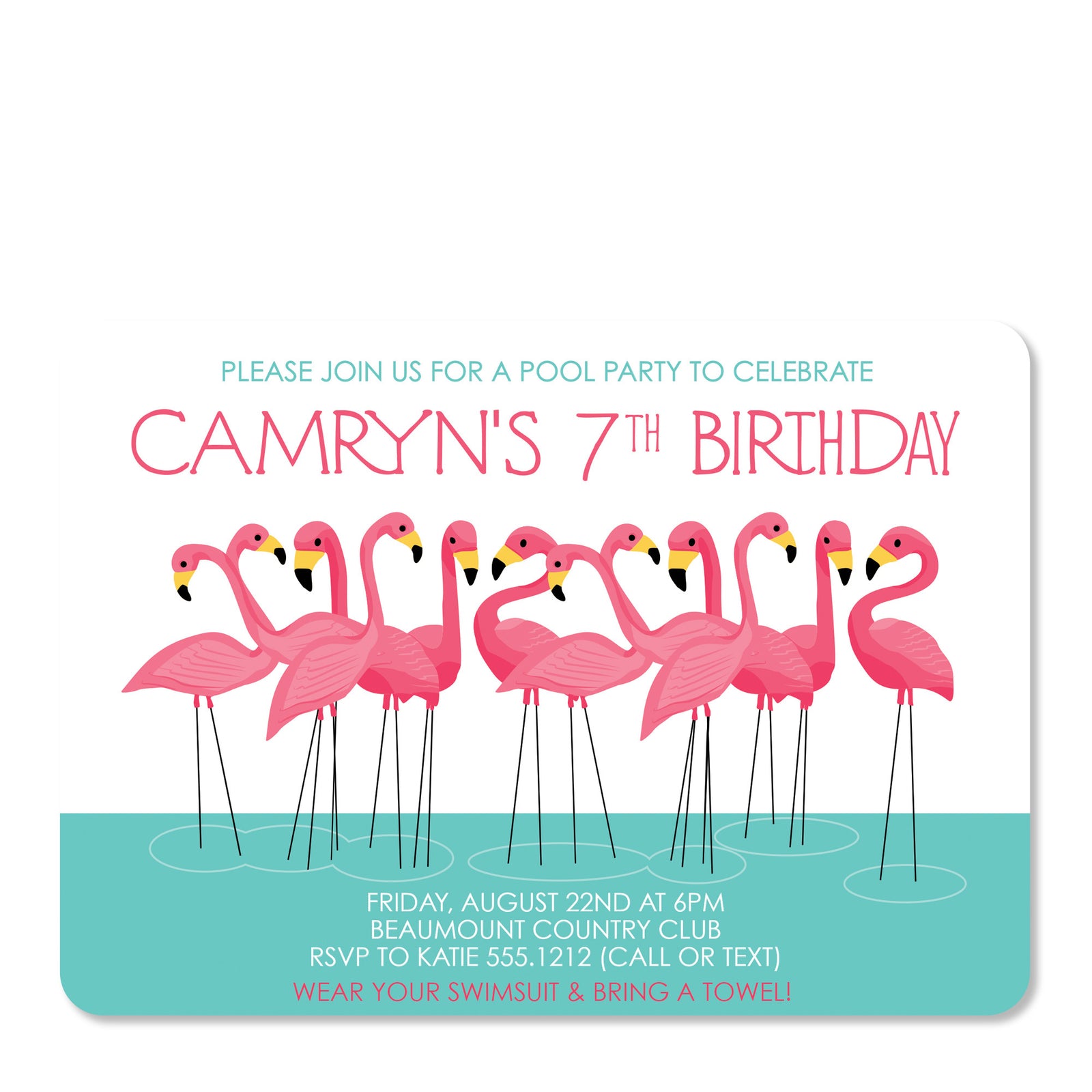 Flamingo Party Birthday Invitation, perfect for a pool party or splash party, printed on heavyweight premium cardstock, from Pipsy.com