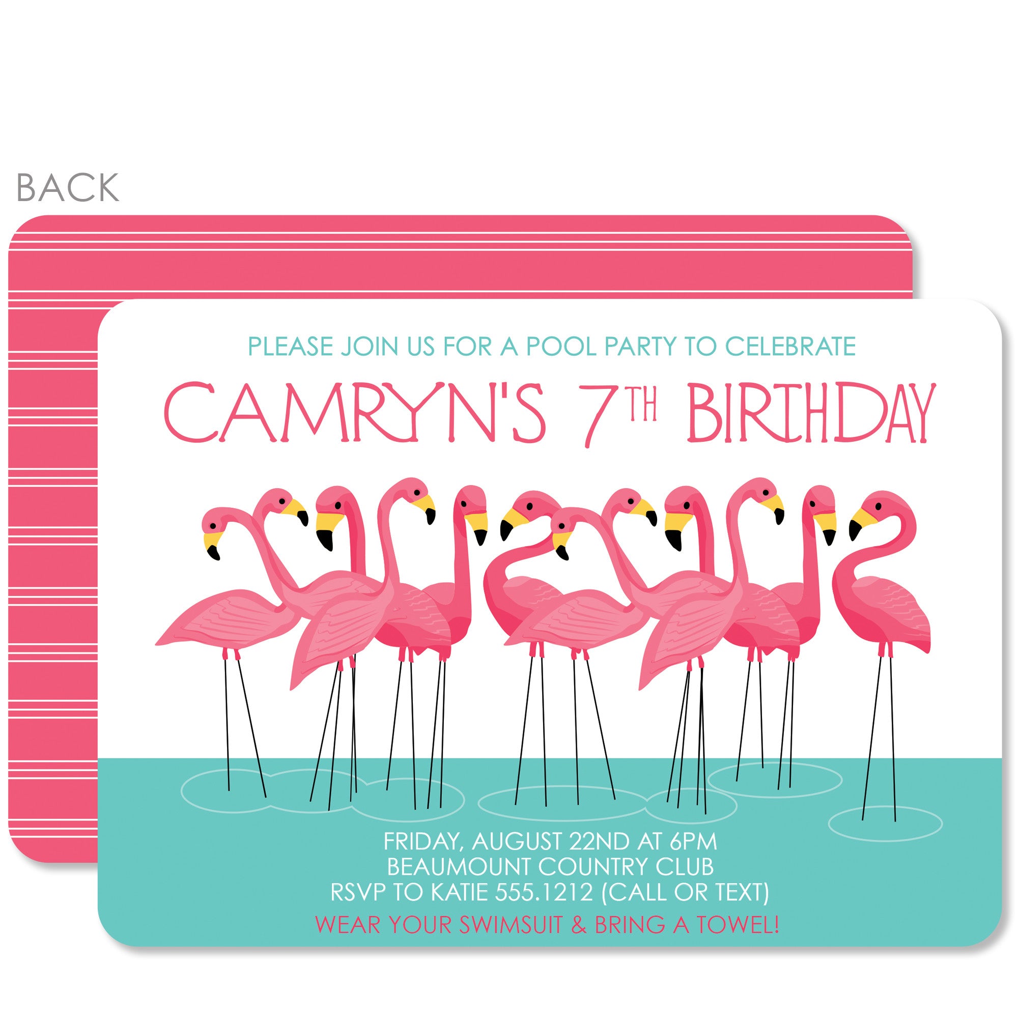 Flamingo Party Birthday Invitation, perfect for a pool party or splash party, printed on heavyweight premium cardstock, from Pipsy.com