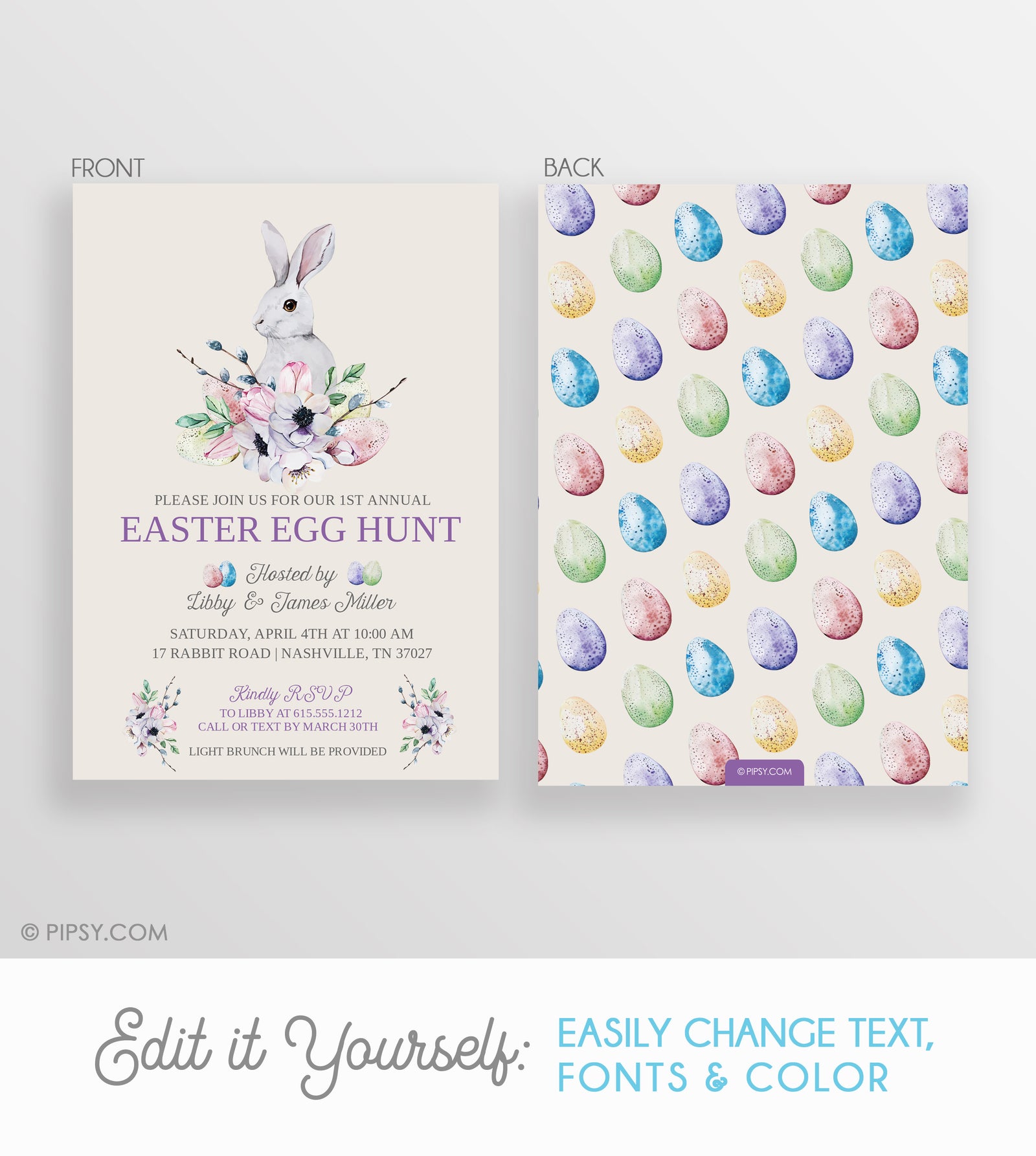 Easter Invitation, Easter Egg Hunt Brunch, Floral Bunny & Eggs, DIY Instant Download, PIPSY.COM