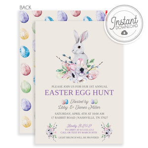 Easter Invitation, Easter Egg Hunt Brunch, Floral Bunny & Eggs, DIY Instant Download, PIPSY.COM